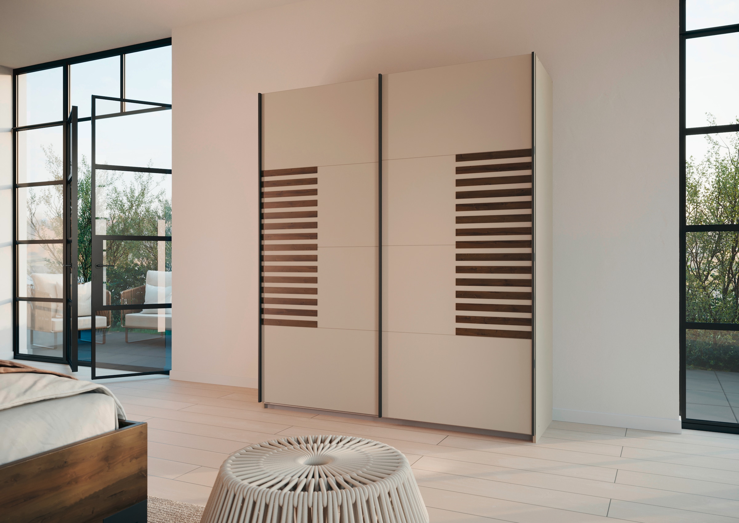 rauch Schwebetürenschrank »Kleiderschrank Schrank Garderobe Schlafzimmerschrank BAREA«, Front mit Auflage in moderner Lamellen-Optik MADE IN GERMANY
