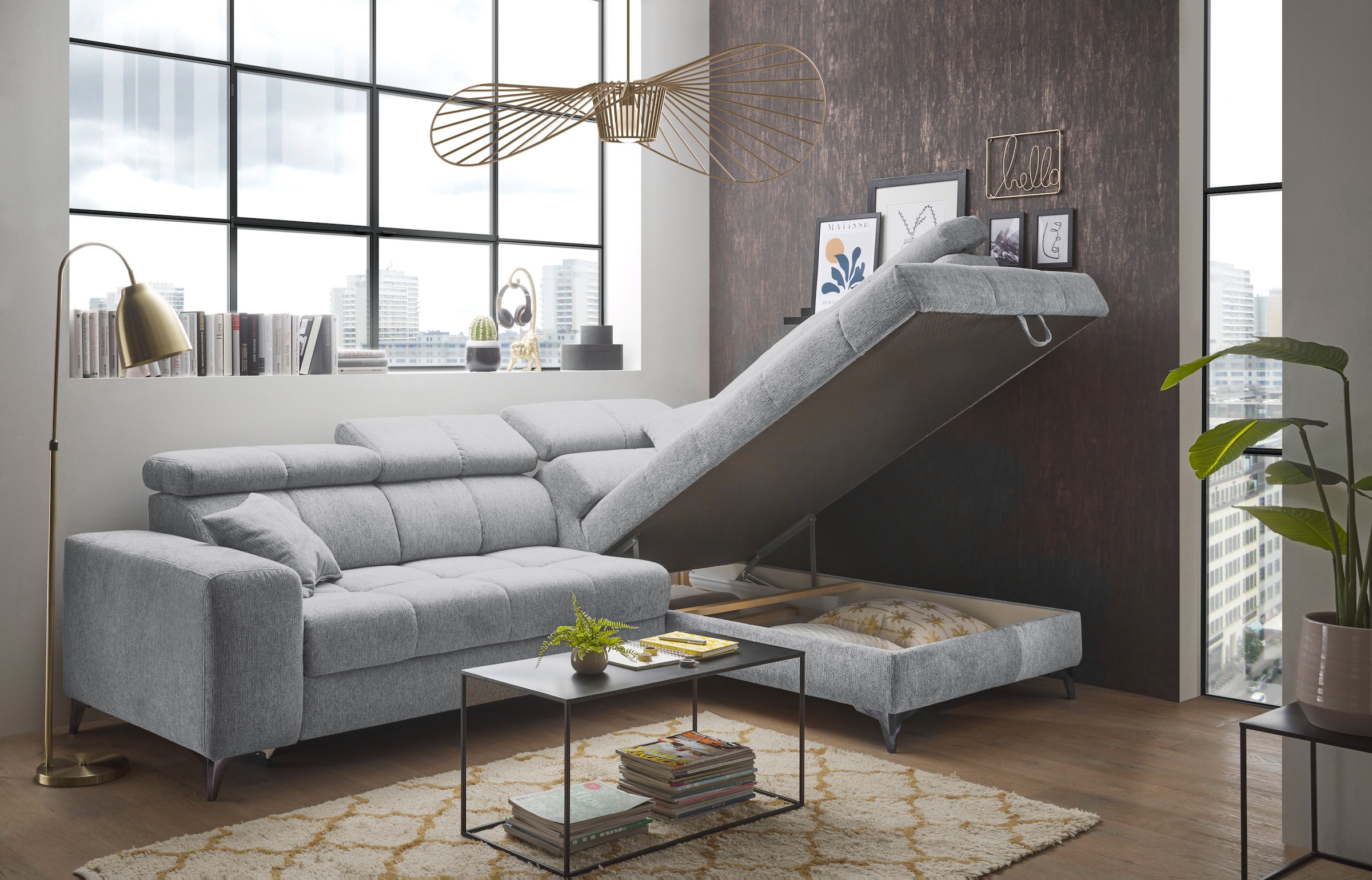 ED EXCITING DESIGN Ecksofa »Sydney L-Form« mit Bettfunktion, Bettkasten, Kopfteilverstellung & 2 Zierkissen