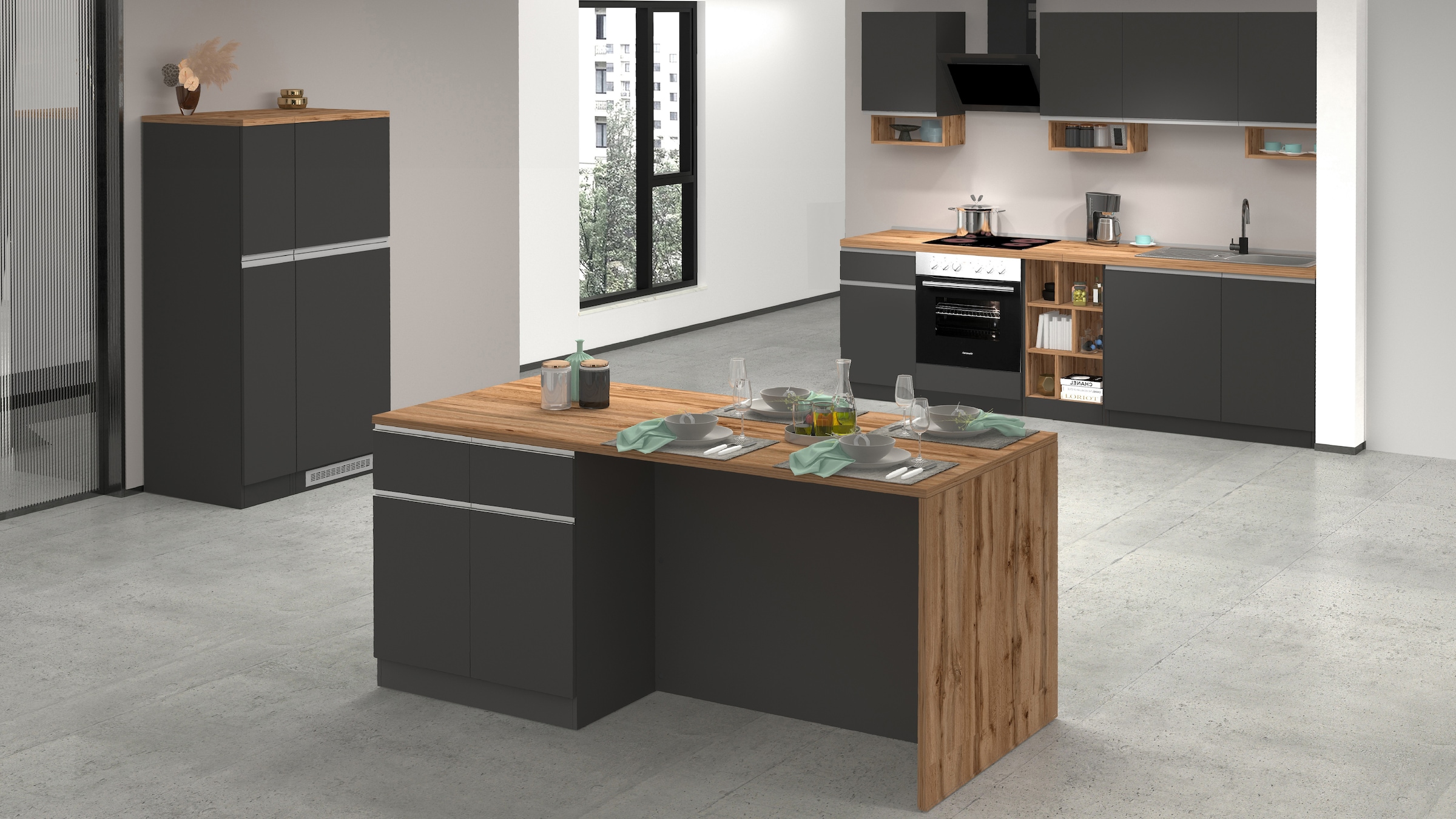 KOCHSTATION Kücheninsel »Sole,Kochinsel,Küchenarbeitsblock,Inselküche,Arbeitsinsel«, Breite 200 cm mit 4 Türen,4 Schubkästen, Aluminiumgriff