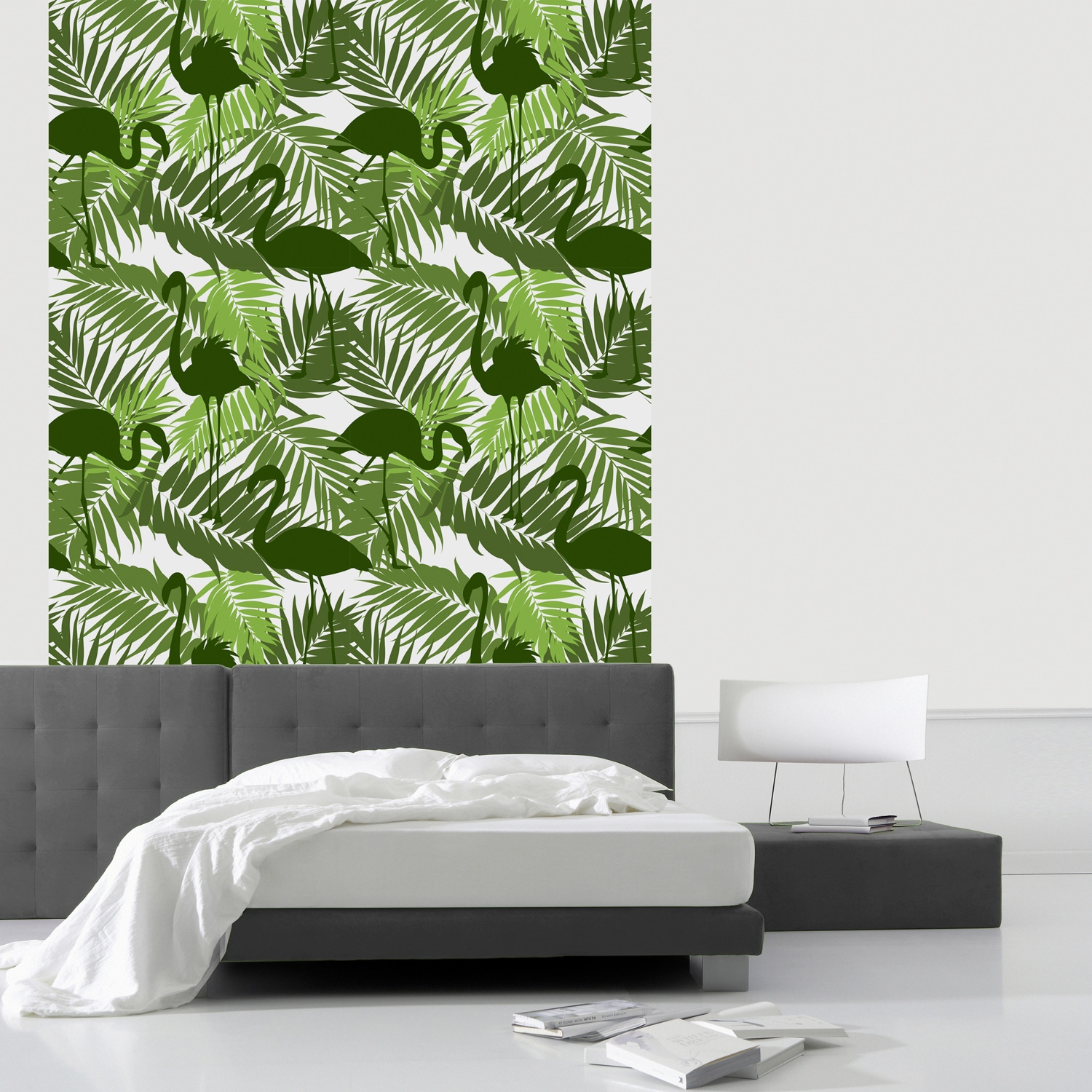 queence Vinyltapete »Tropische Blätter-Flamingo-Grün«, bedruckt-Motiv-botanisch-floral-gemustert-natürlich, 90x250cm, selbstklebend, kinderleichte Anbringung, Sticker