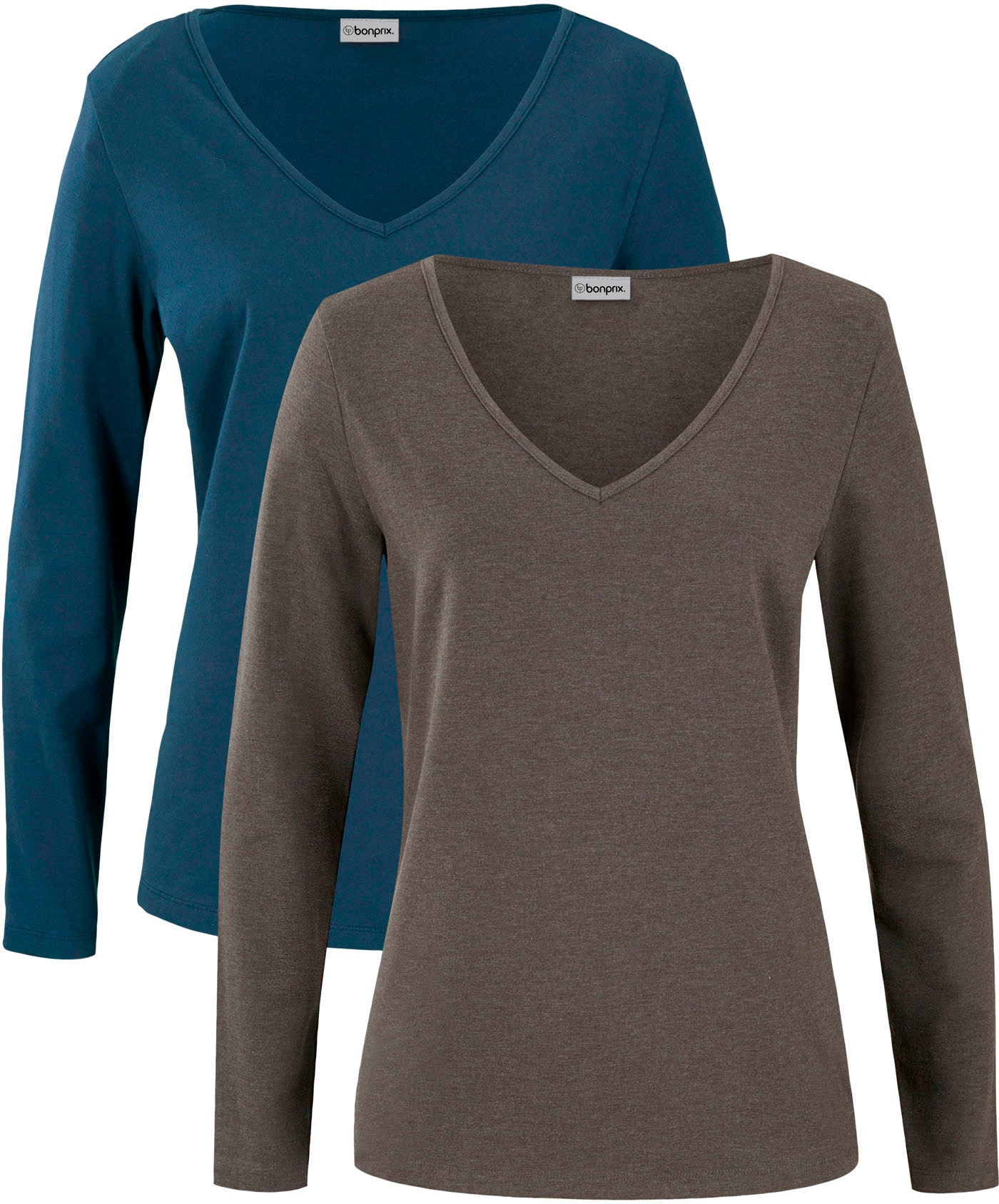 bonprix Langarmshirt »Figurbetontes Langarmshirt (2er Pack)« Packung, 2 Stk. Slim fit Passform, mit V-Ausschnitt, aus Baumwolle und Elasthan