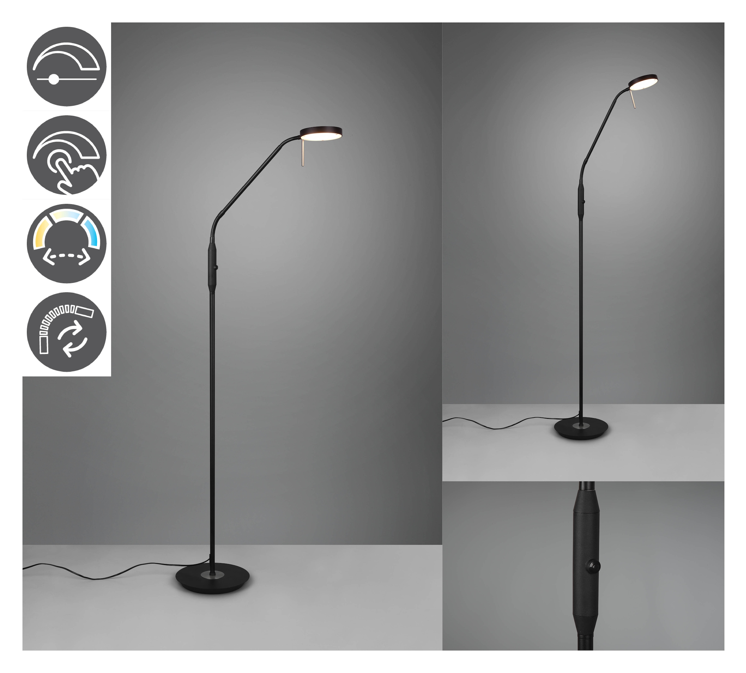 TRIO Leuchten LED Stehlampe »MONZA, Stehleuchte mit Sensordimmer Lichtfarbe einstellbar 2300-4000K«, 1 flammig, Leuchtmittel LED-Board | LED fest integriert, Leuchtenkopf flexibel verstellbar Memoryfunktion Höhe 145-160 cm