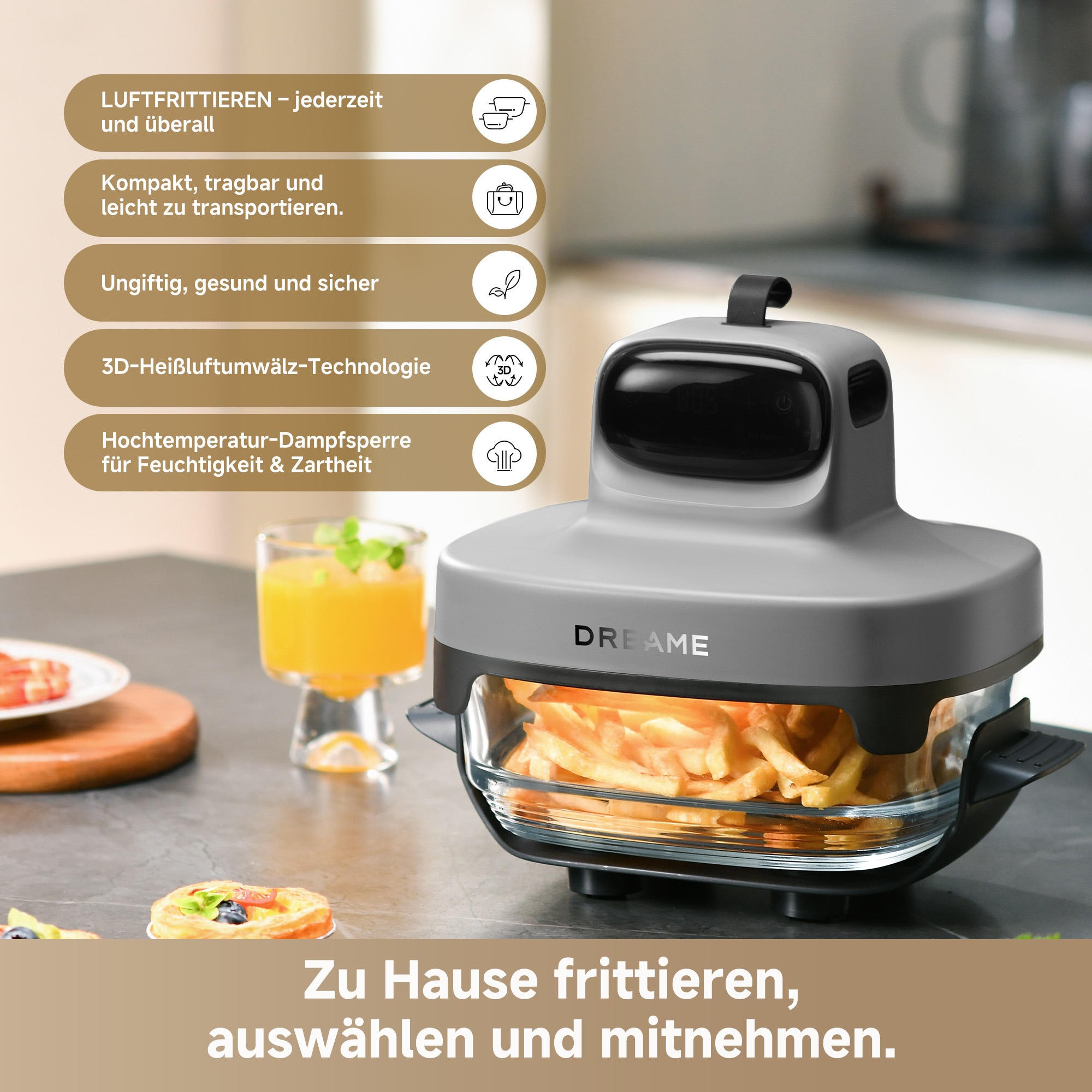 Dreame Heißluftfritteuse »Tasti PT60« 1500 W 2 Glasbehälter, 1500 Watt, Fritierplatte