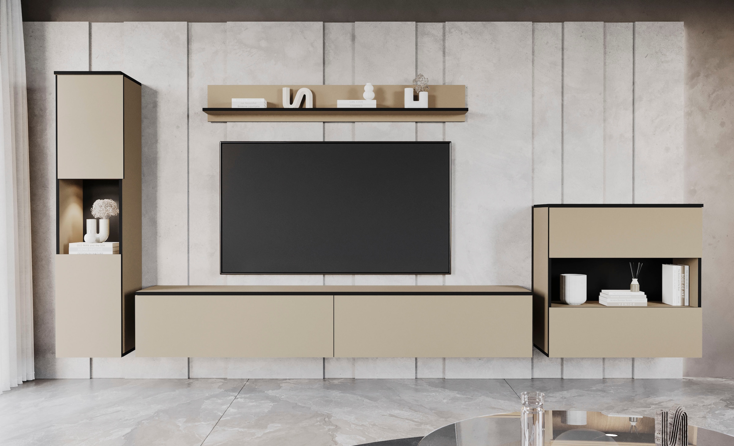 INOSIGN Wohnwand »PARIS, Vitrine Türanschlag links/rechts wechselbar«, (Komplett-Set, 4 St.), grifflose Design, stehend und hängend montierbar