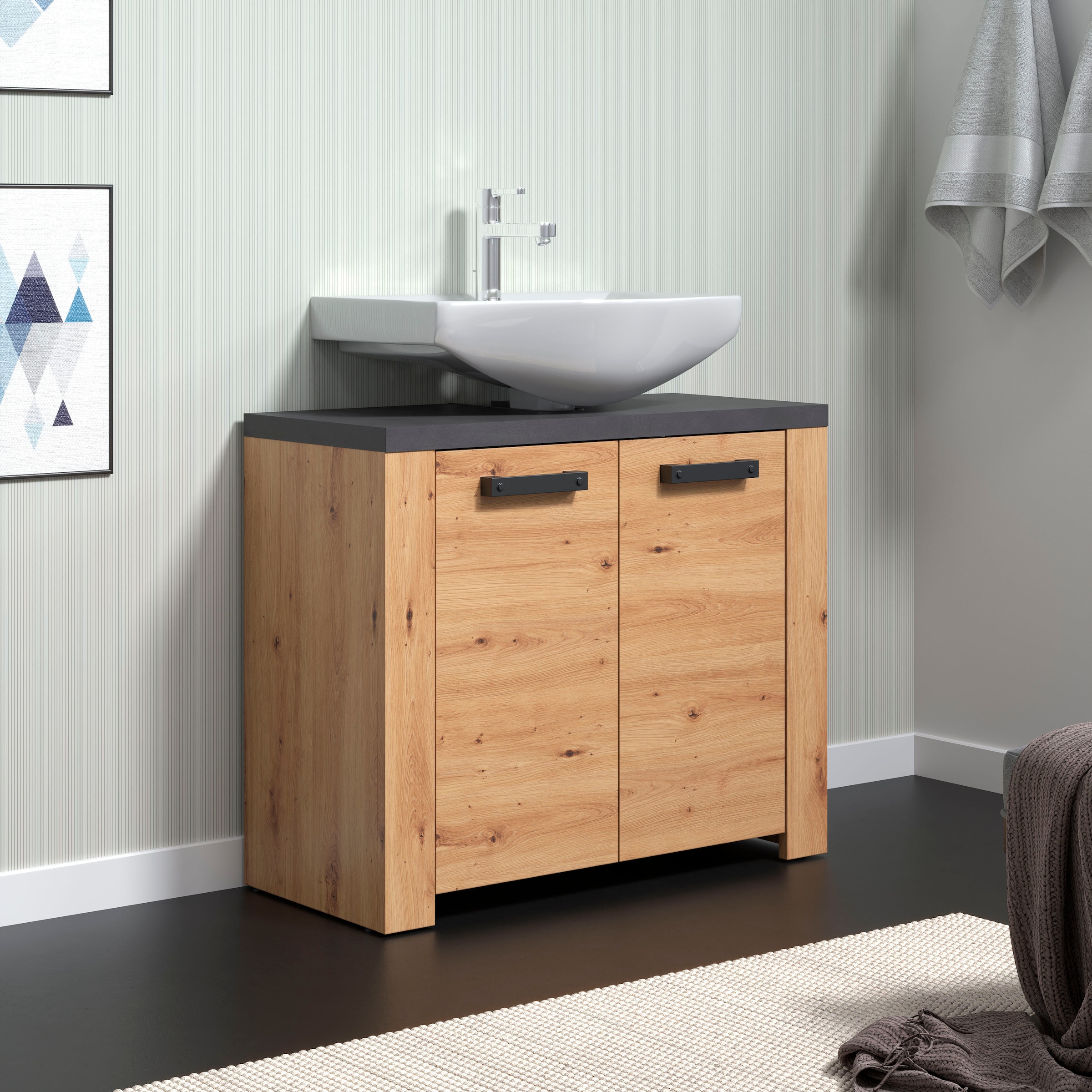 Home affaire Waschbeckenunterschrank »Ambres«, Waschtisch in matter Echtholzoptik - Maße (B/T/H) 79/35/67 cm