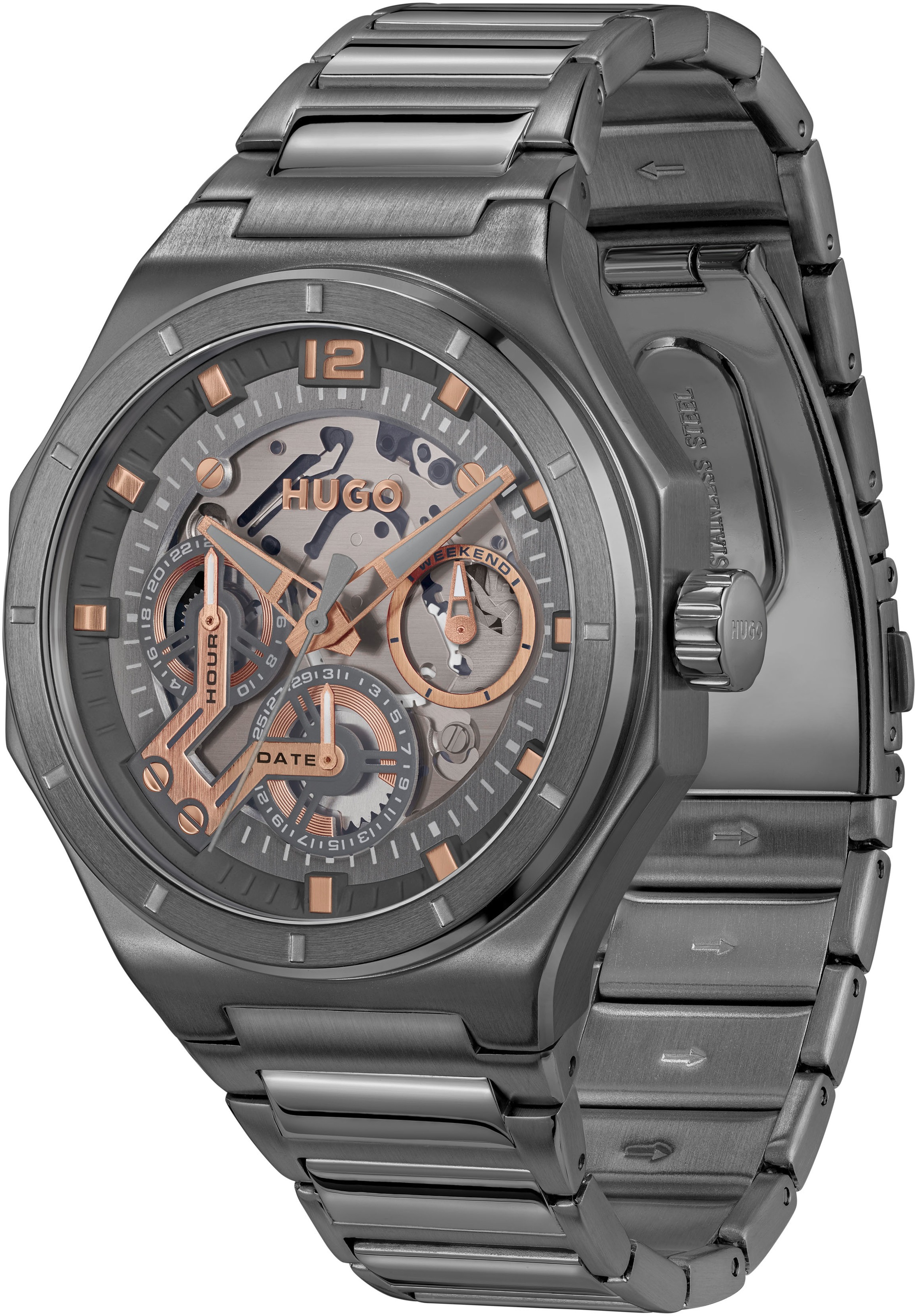 HUGO Multifunktionsuhr »#GRAIL SKELETON«, Armbanduhr, Quarzuhr, Herrenuhr, Datum, Edelstahlarmband