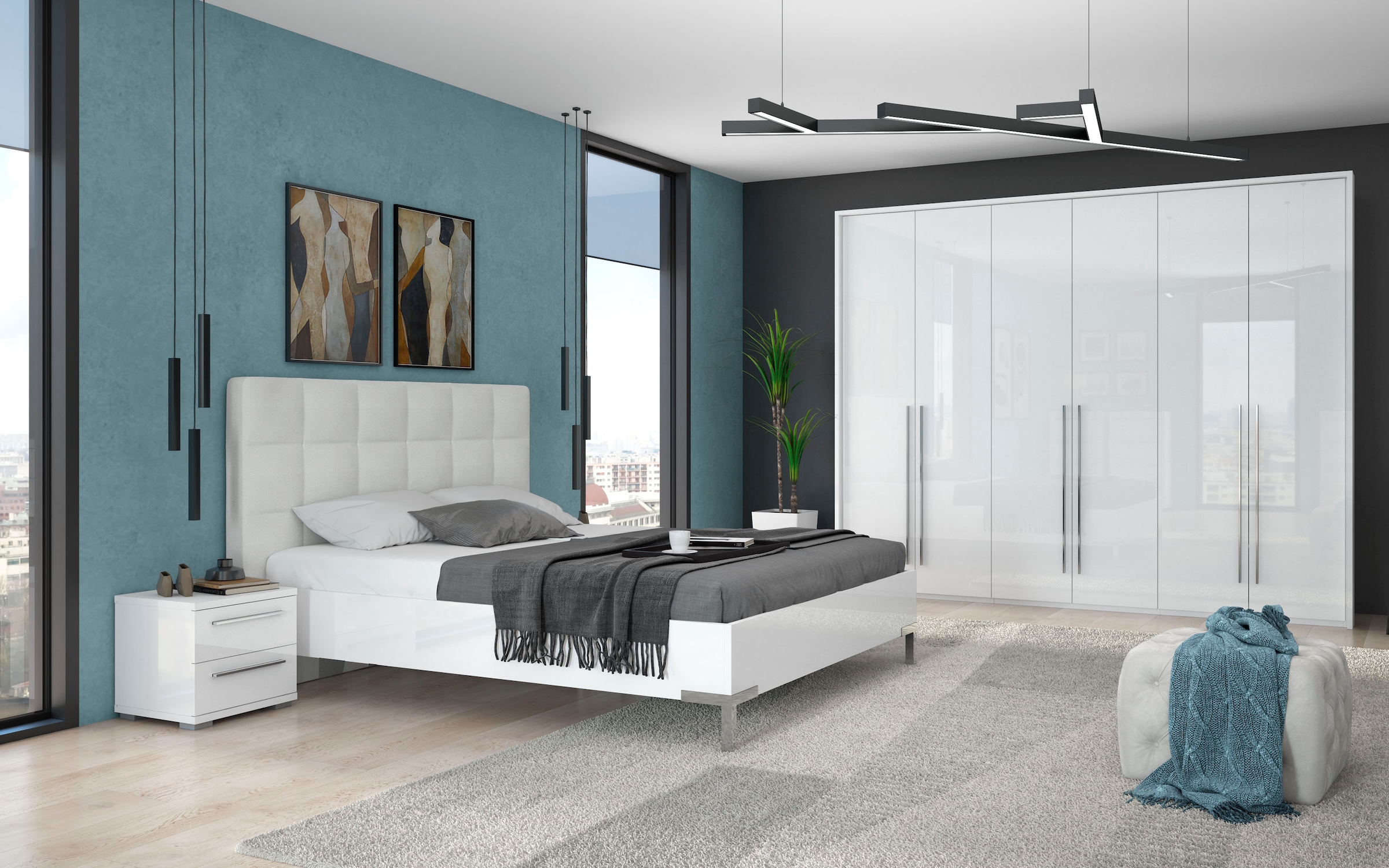 Places of Style Kleiderschrank »Piano, inklusive Rahmen und Beleuchtung, soft-close-Funktion«, (viele Breiten zur Auswahl, 226cm hoch), beige oder weiß, UV lackiert, Hochglanzfronten, FSC-zertifiziert