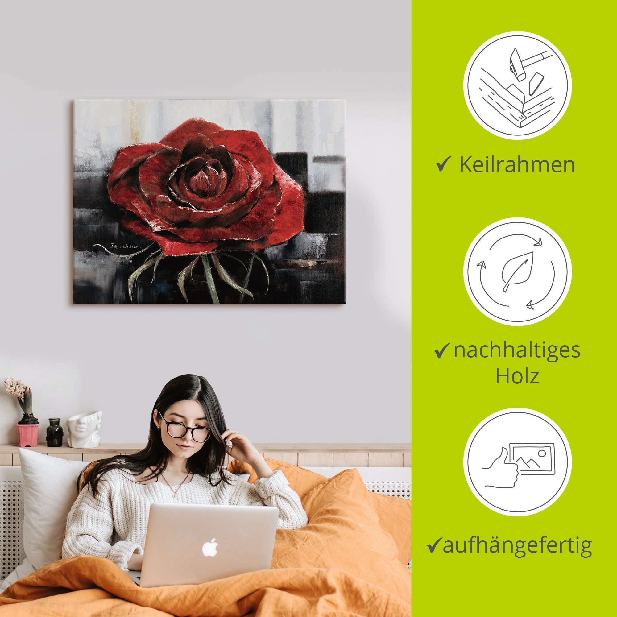 Artland Leinwandbild »Blühende rote Rose« Blumen 1 Stk. tlg. auf Holzrahmen gespannt