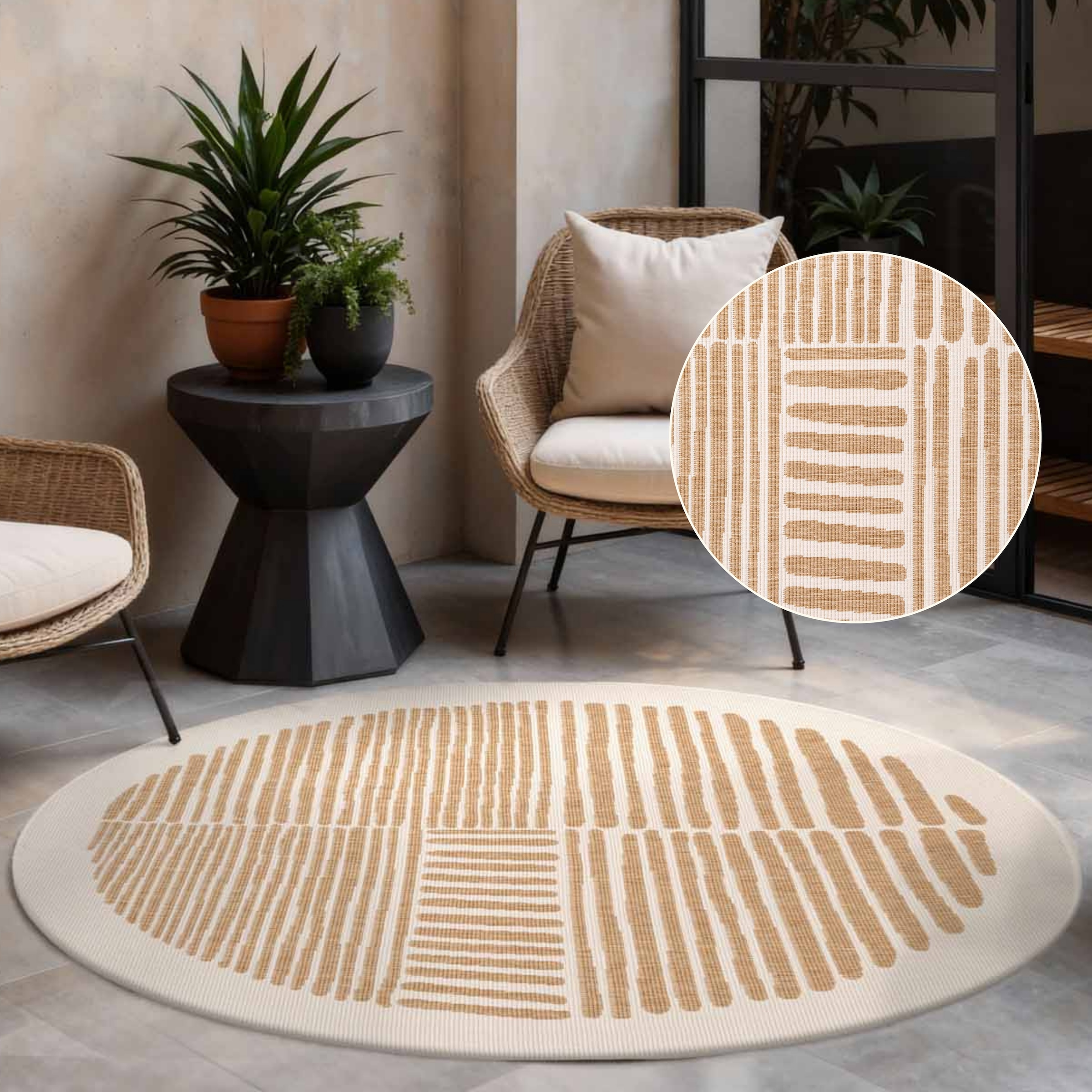 Ted Baker Bounds Flatweave Reversible Indoor Outdoor Round Rug Abstract in Beige | Size: 160cm diameter