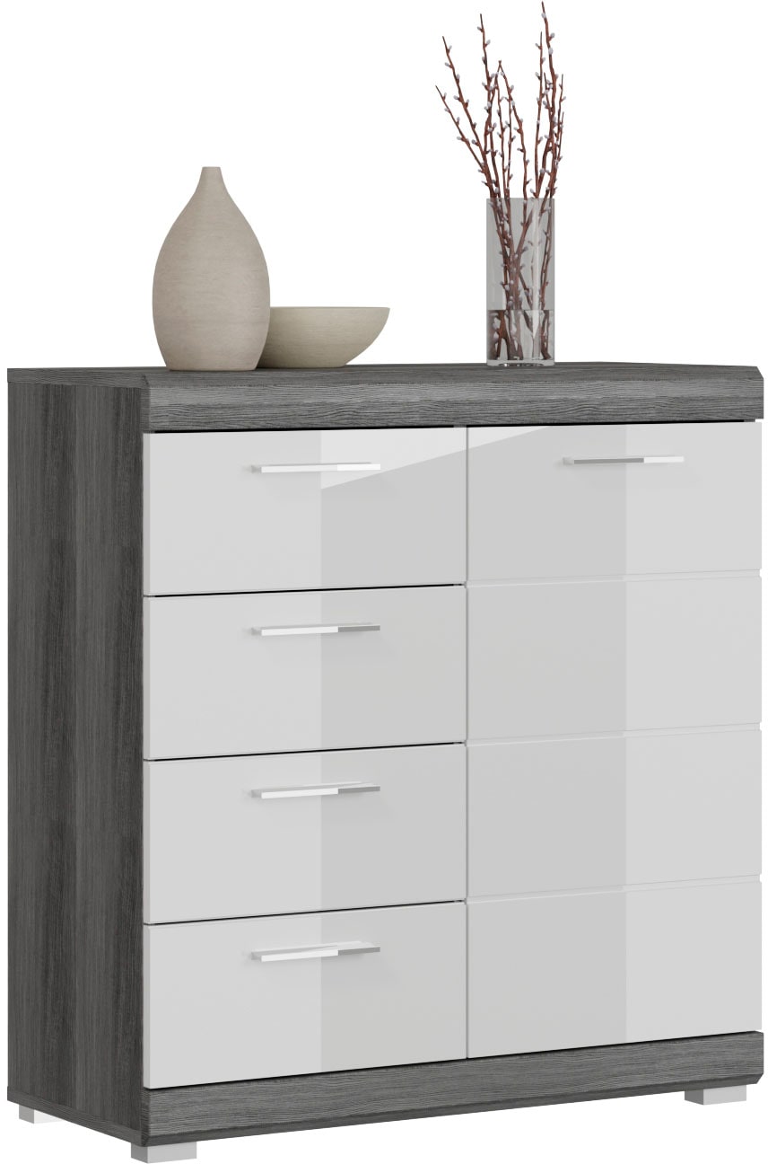 Home affaire Kommode "SIENA, Breite 80 cm, 1 Tür, 2 Einlegeböden, 3 Fächer, 4 Schubkästen" hochwertige Rillenfräsung in MDF Front, Schuhkommode, Schuhschrank, Anrichte, Sideboard