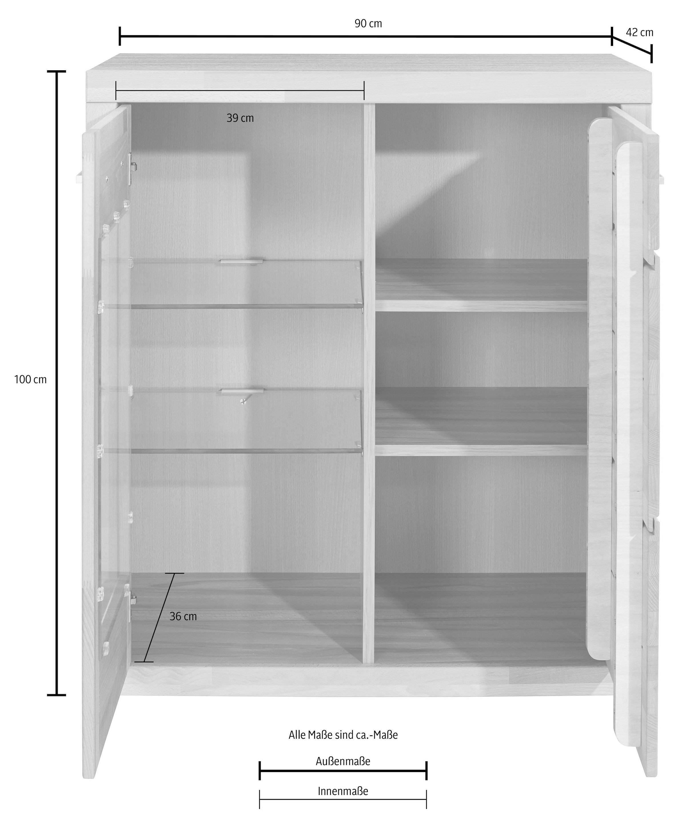 Home affaire Vitrine »Logo,100cm hoch,42 cm tief,Fronten Massivholz,6Fächer,Böden variabel«, Korpus aus Holzwerkstoff,Griffe und Scharniere aus Metall