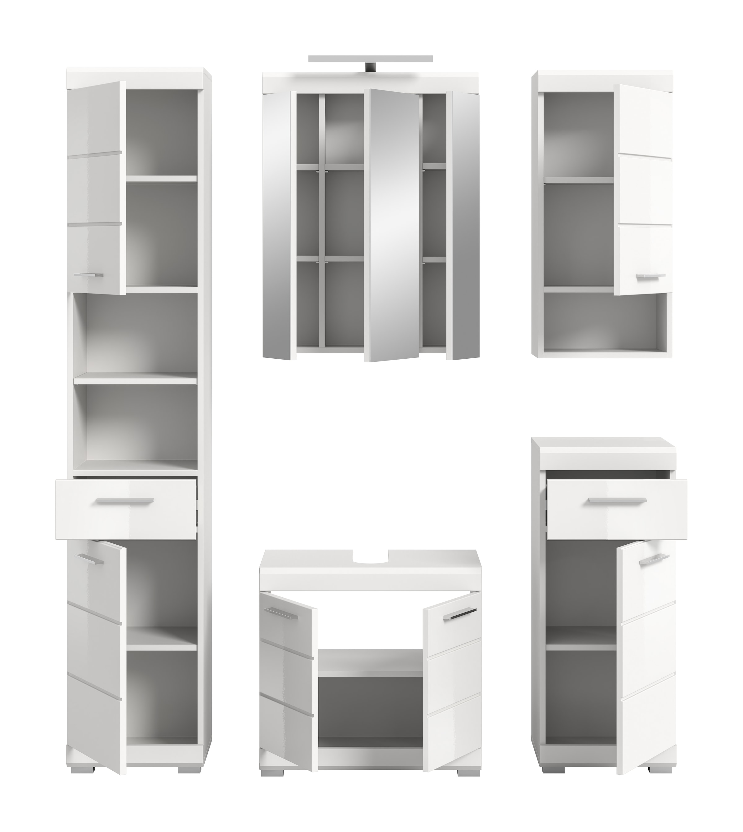 INOSIGN Badmöbel-Set »Siena, 5 teilig, inklusive LED Beleuchtung, bestehend aus:«, (Set), Hochschrank, WBU, Spiegelschrank, Unterschrank, Hängeschrank