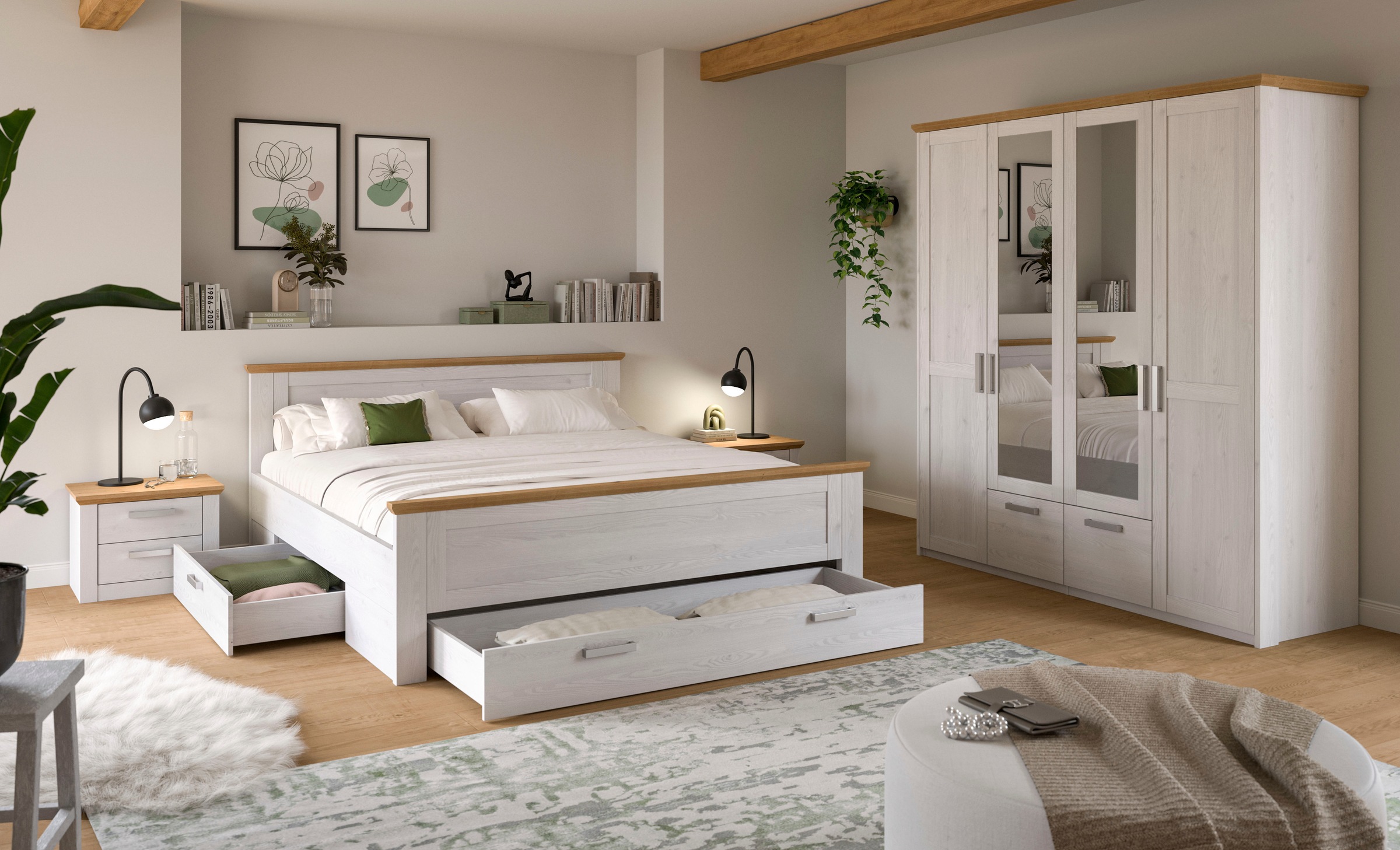 Home affaire Schlafzimmer-Set »COSENZA, TOPSELLER!, 4-teilig, Kleiderschrank, Bett & 2x Nachttische« Matratzengröße 180x200 cm, viel Stauraum, ohne Lattenrost & Matratze, 4 tlg. tlg. Schlafzimmer, Schlafen, Set, Kombination, Bettanlage