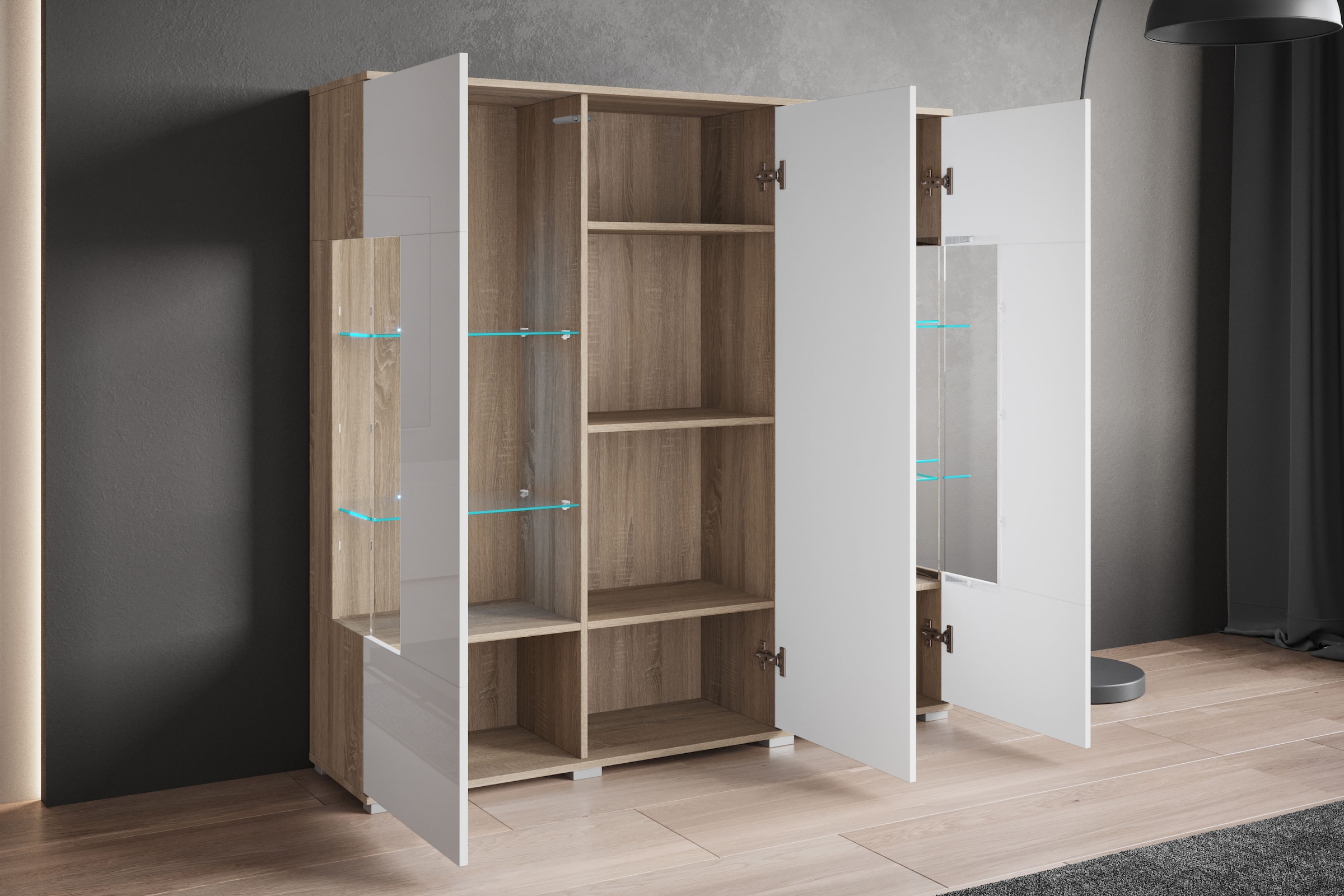INOSIGN Highboard »Kenia«, (1 St.), Modernes Highboard, mit Glastüren, Breite 135 cm