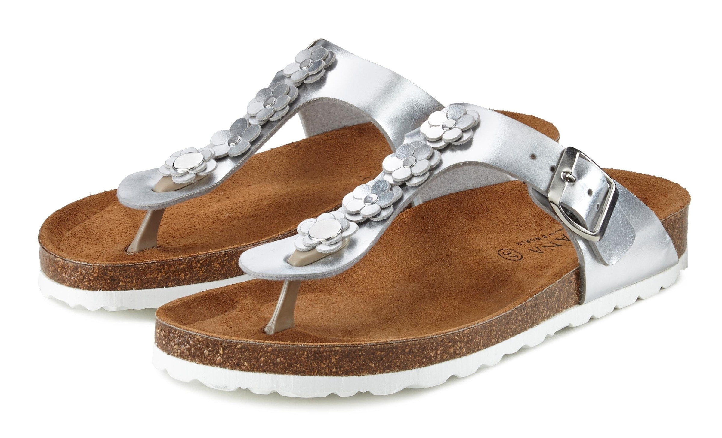 LASCANA Zehentrenner »Sandale, Pantolette, offener Schuh, Sommerschuh,«, mit modischer Applikation und Komfortkorkfußbett aus Leder
