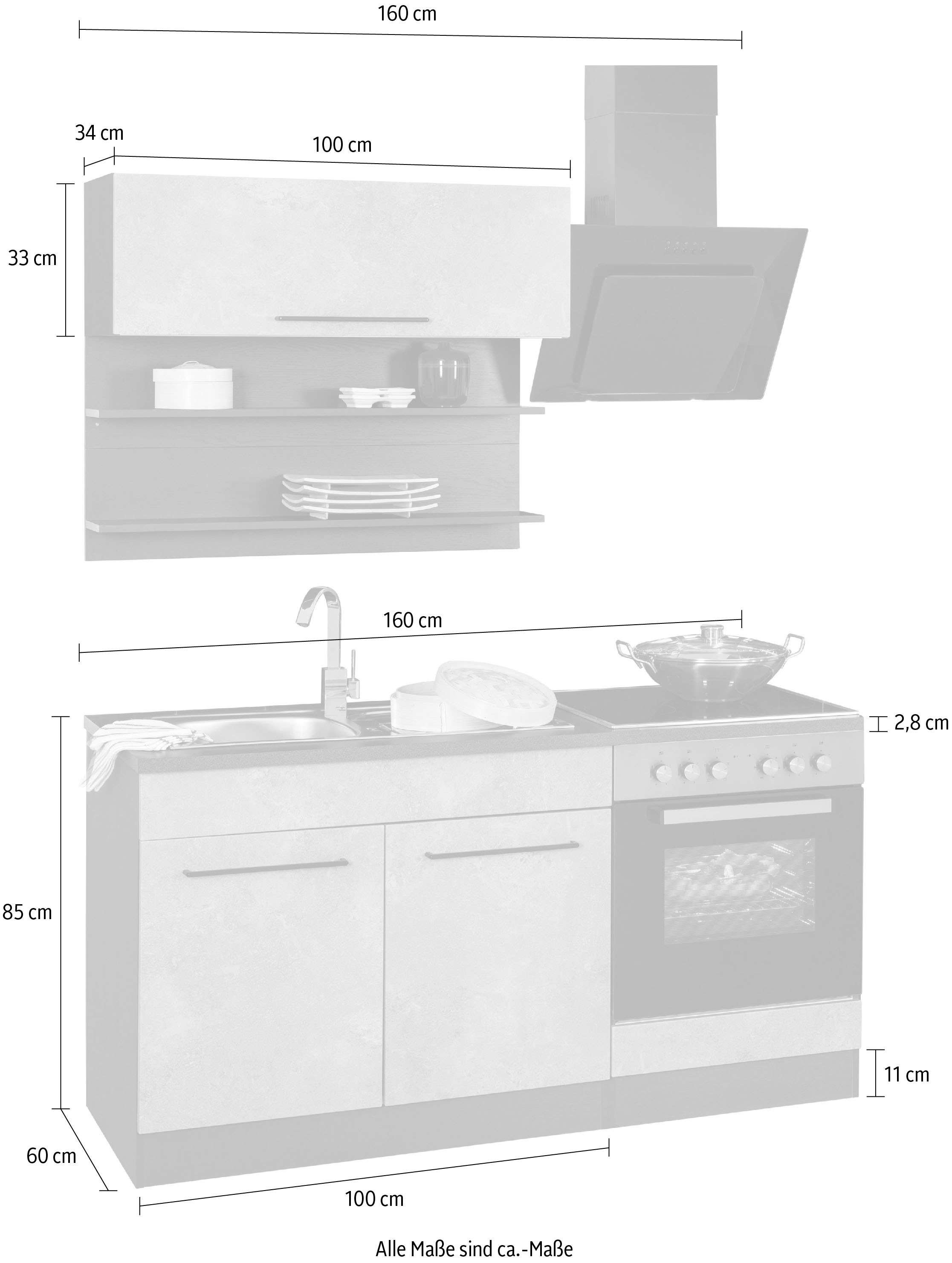 160 cm, HELD »Tulsa«, schwarze MDF Metallgriffe, bequem bestellen Fronten Breite Küchenzeile MÖBEL hochwertige