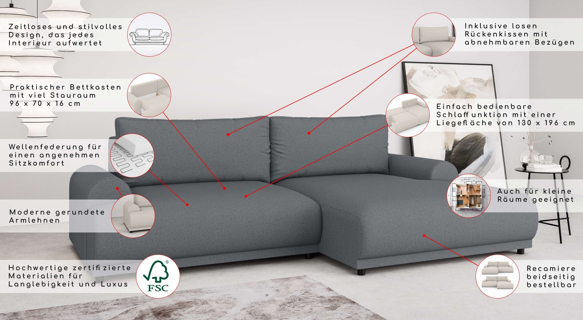 INOSIGN Ecksofa »Marsby, mit Bettfunktion und Bettkasten, Maße: B/H/T 242/65/145 cm«, L-Form mit Wellenunterfederung, Recamiere links oder rechts bestellbar