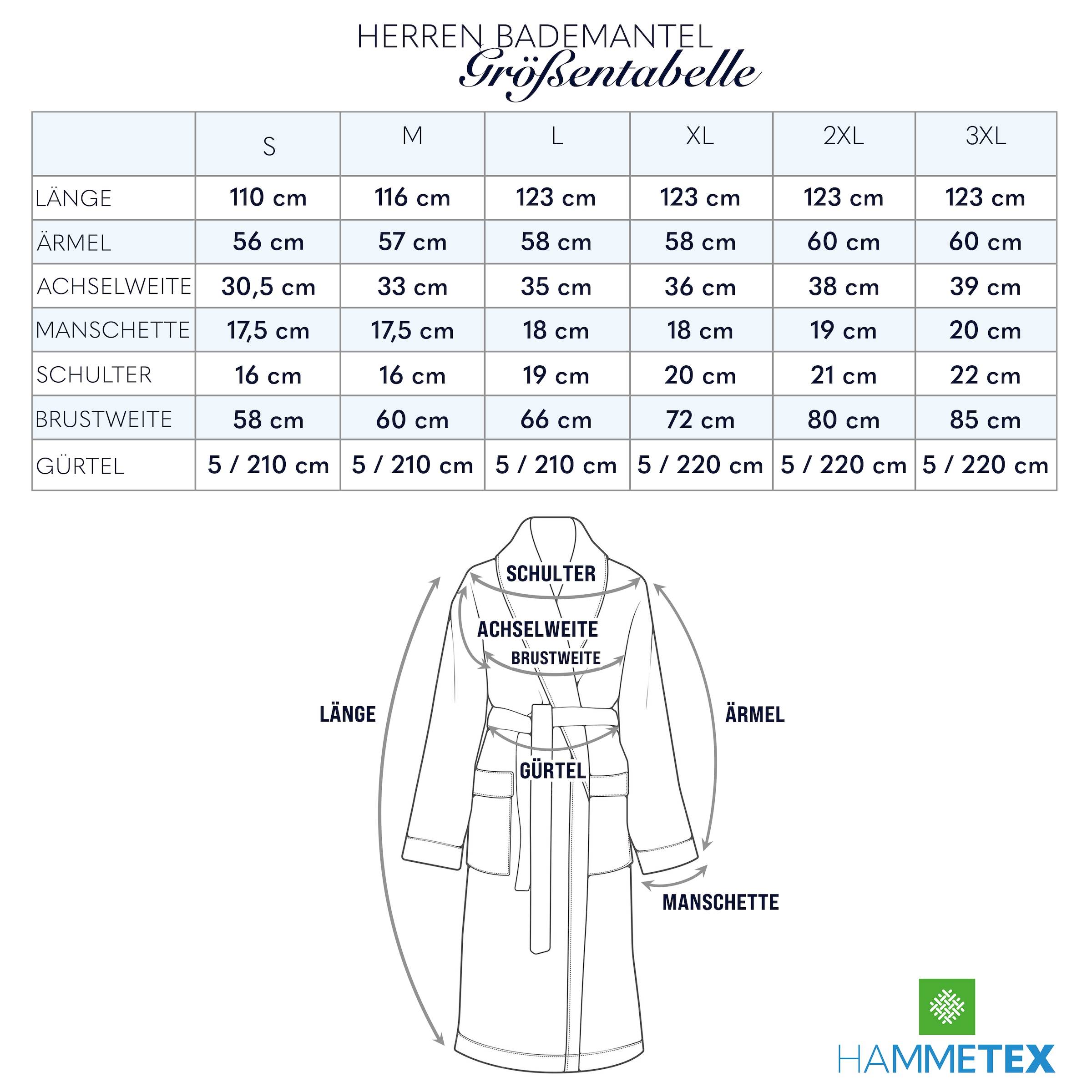 HAMMETEX Herrenbademantel »hergestellt aus 100% Baumwolle – 380 g/m² Frottee, mit Taschen« 1 Stk. saugfähig & Weich