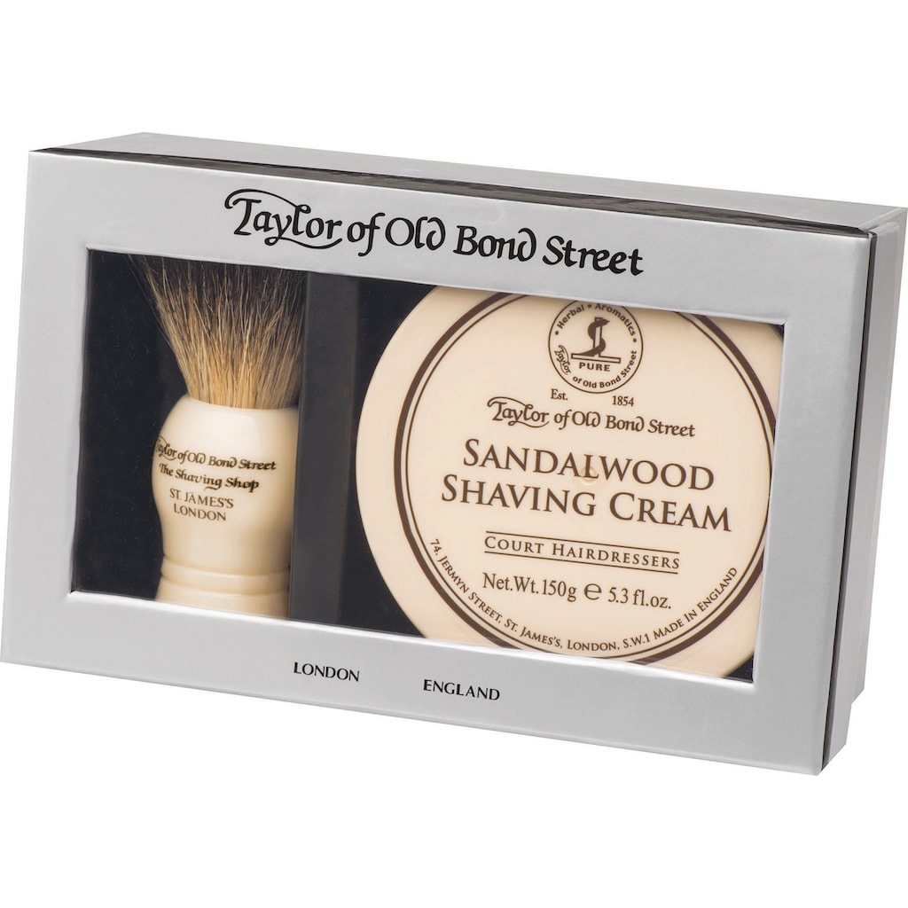 Taylor of Old Bond Street Rasierpinsel-Set »Sandalwood«, (2 tlg.), Shaving Cream und Dachshaar- Rasierpinsel