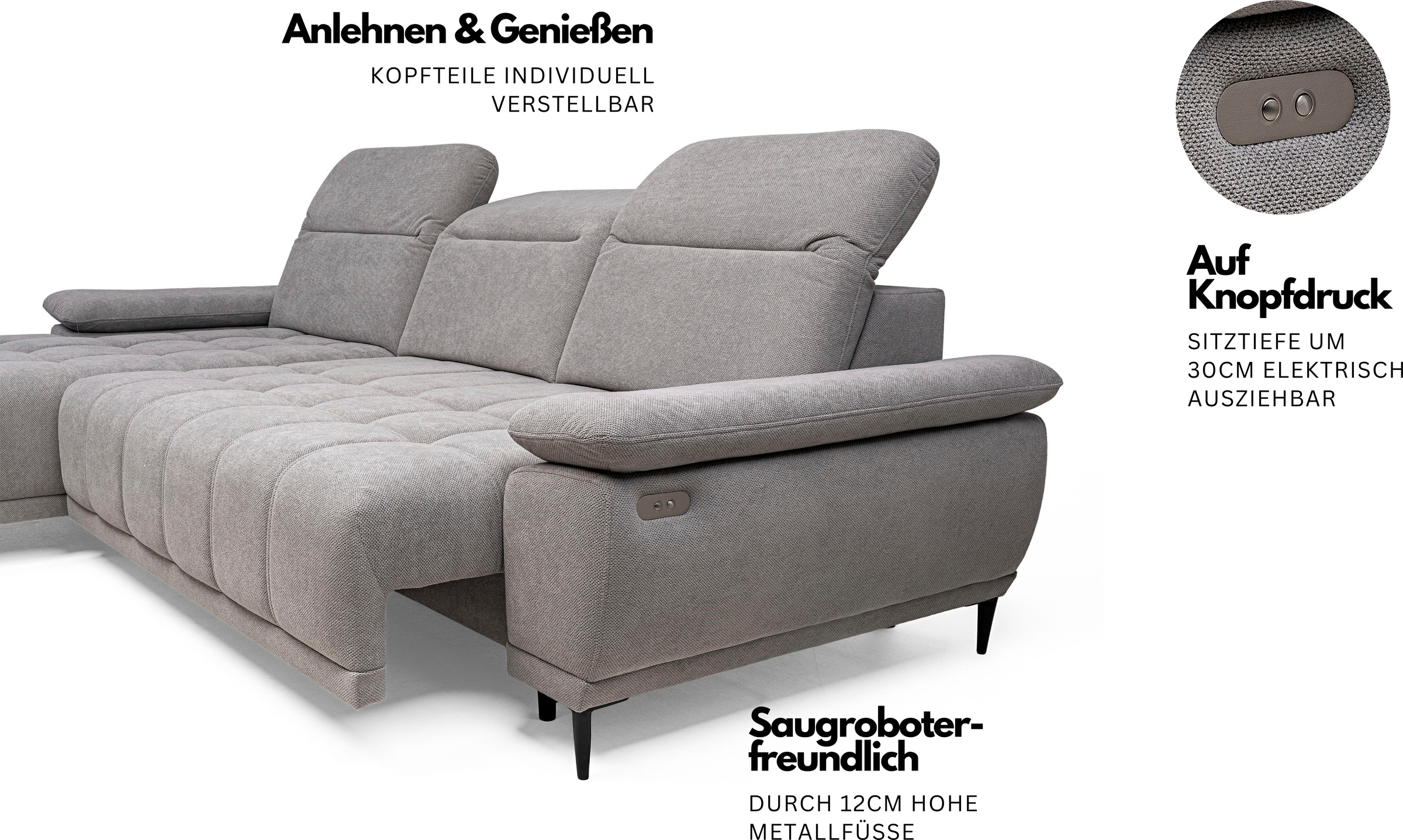 WERK2 Ecksofa »Focus-S, inkl. elektr. Sitzvorzug, manuelle Kopfteilverstellung« elektr. Sitztiefenverstellung, flexible Kopfstützen, 12cm Füße, L-Form
