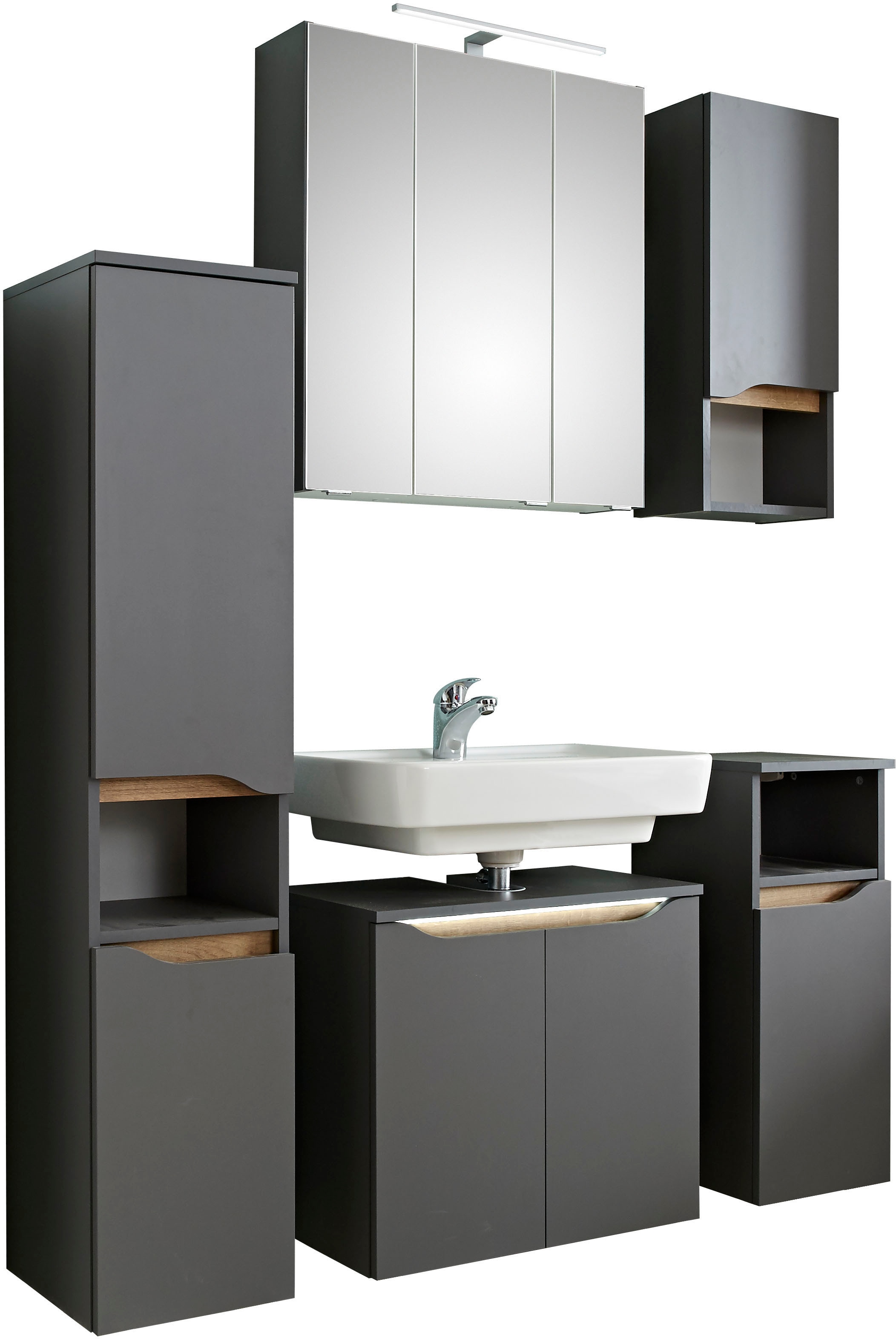 Saphir Badmöbel-Set »Quickset 5-teilig, Waschbeckenunterschrank mit LED-Spiegelschrank« 6 Stk. tlg.