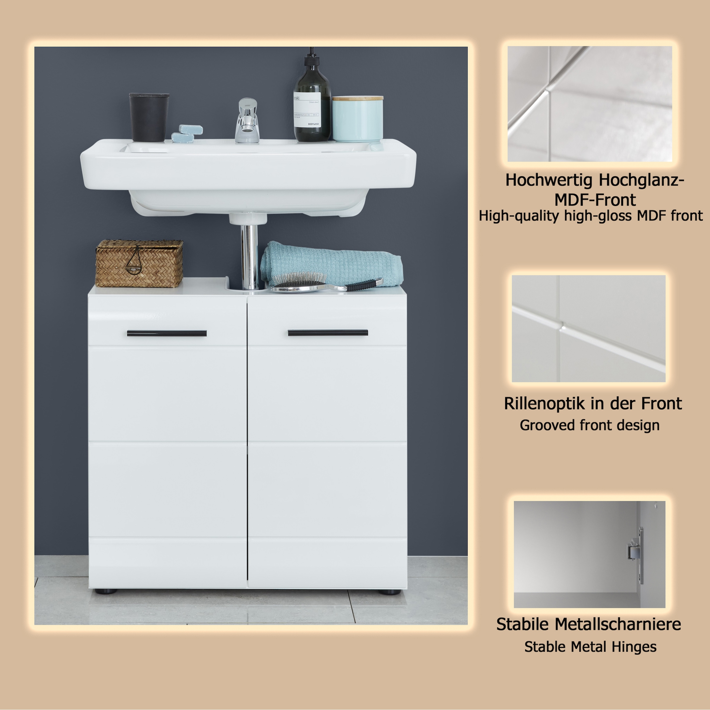 welltime Waschbeckenunterschrank »Sovana« Waschtisch mit verstellbarem Fach - Maße (B/T/H) 60/31/56 cm