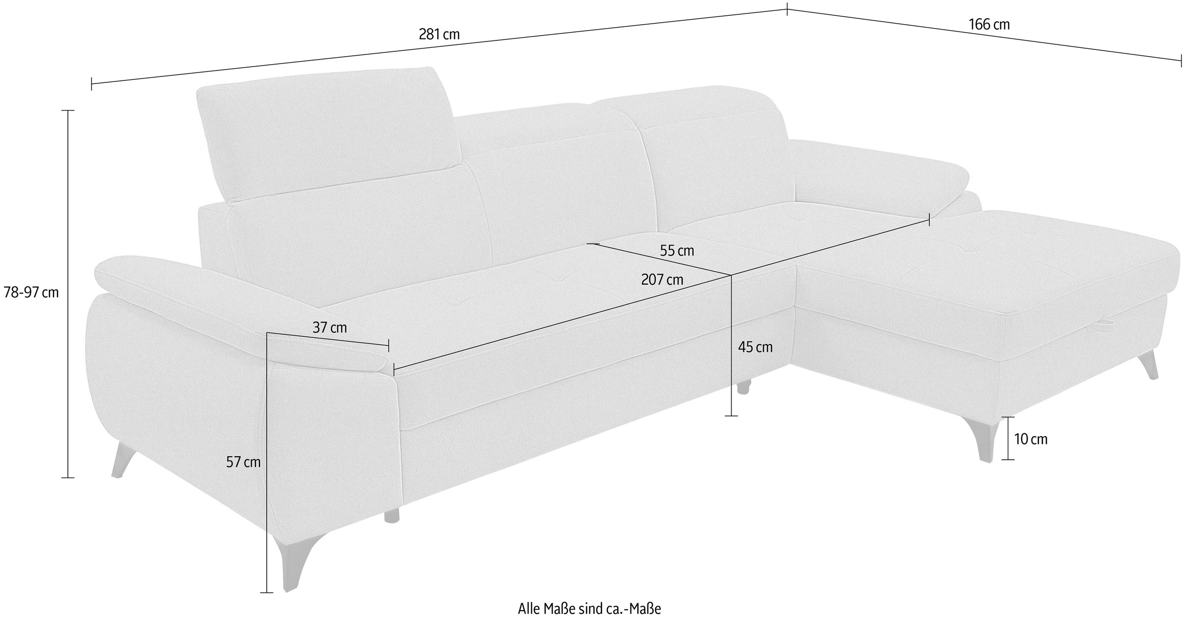exxpo - sofa fashion Ecksofa »TAOS bequem, komfortabel durch Kopfteilverstellung, Breite 281cm« inkl. Bettfunktion und Bettkasten,toller Sitzkomfort, Steppung im Sitz