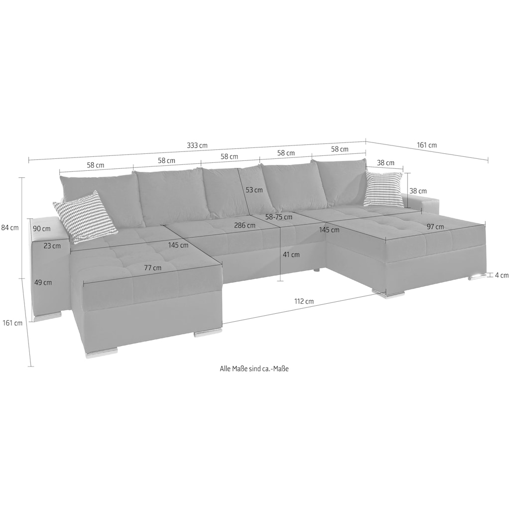 COLLECTION AB Wohnlandschaft »Josy U-Form«, inkl. Bettfunktion, Bettkasten und Zierkissen, mit XXL-Recamiere