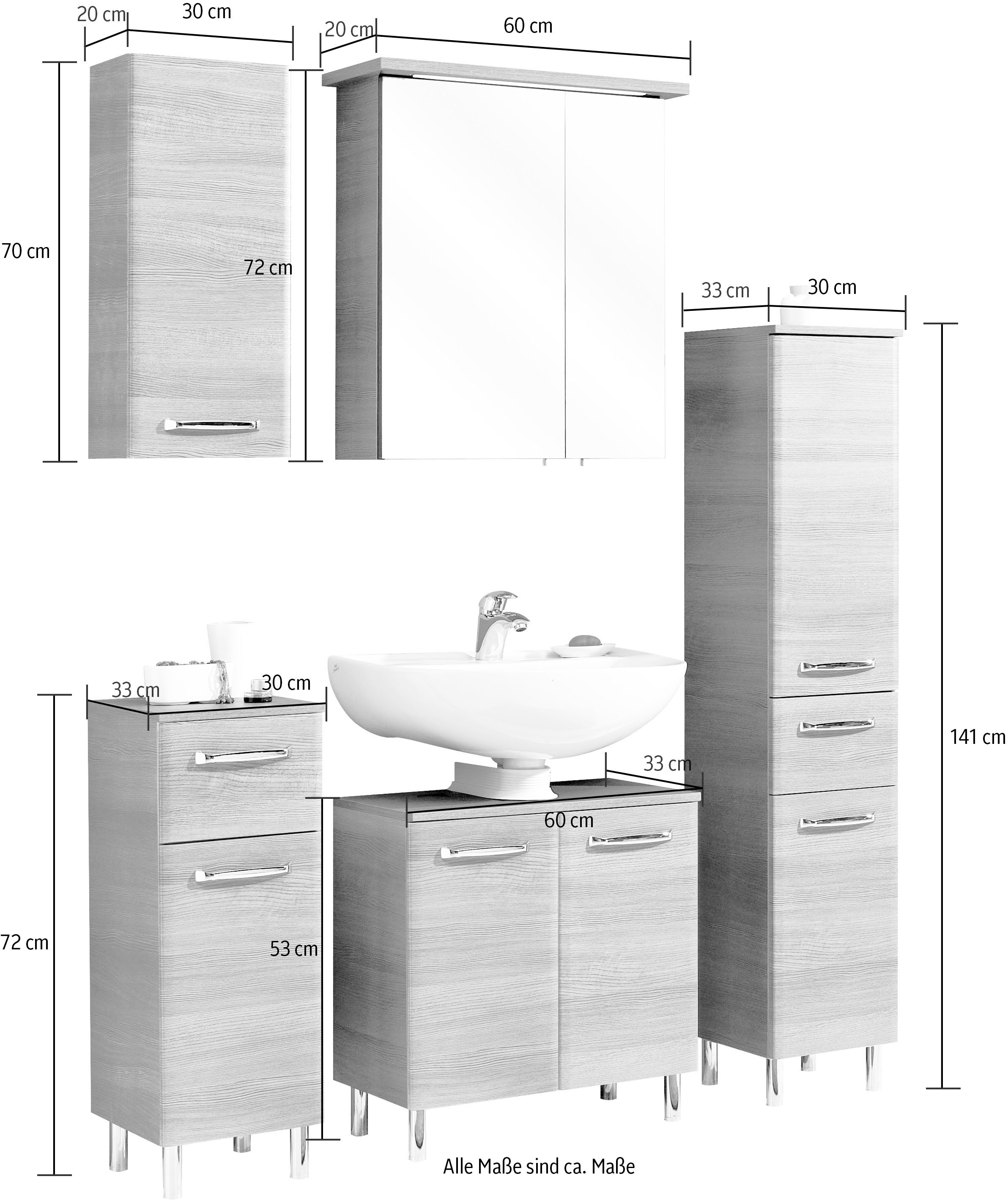 Saphir Badmöbel-Set »Quickset 328 5-teilig, mit Waschbeckenunterschrank, LED-Spiegelschrank«, (Set, 5 St.), inkl. Türdämpfern, 8 Türen und 2 Schubladen, ohne Waschbecken