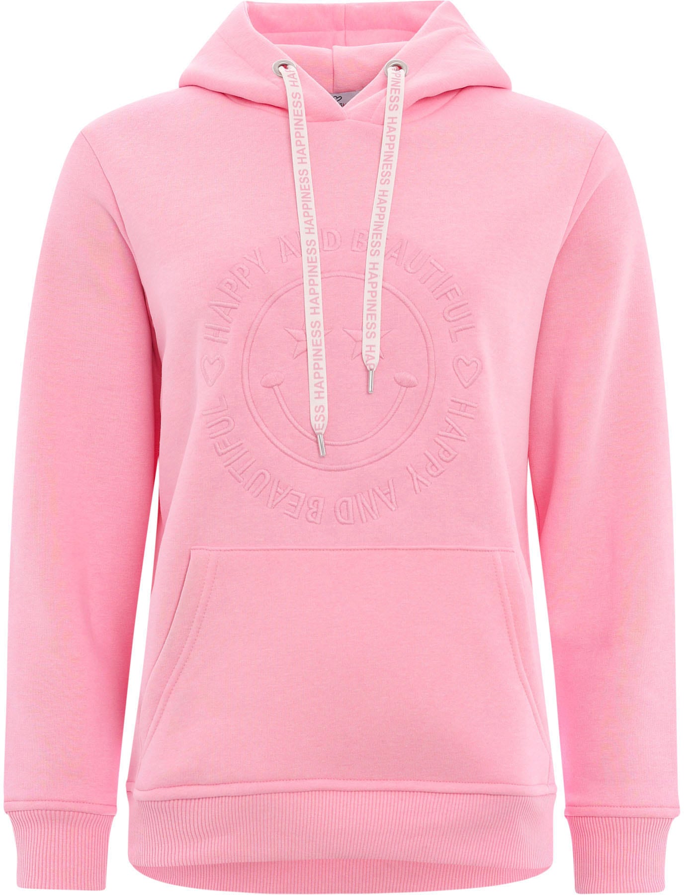 Hoodie »Happy and Beautiful«, mit gleichfarbiger Smiley-Stickerei und Bindebänder mit...