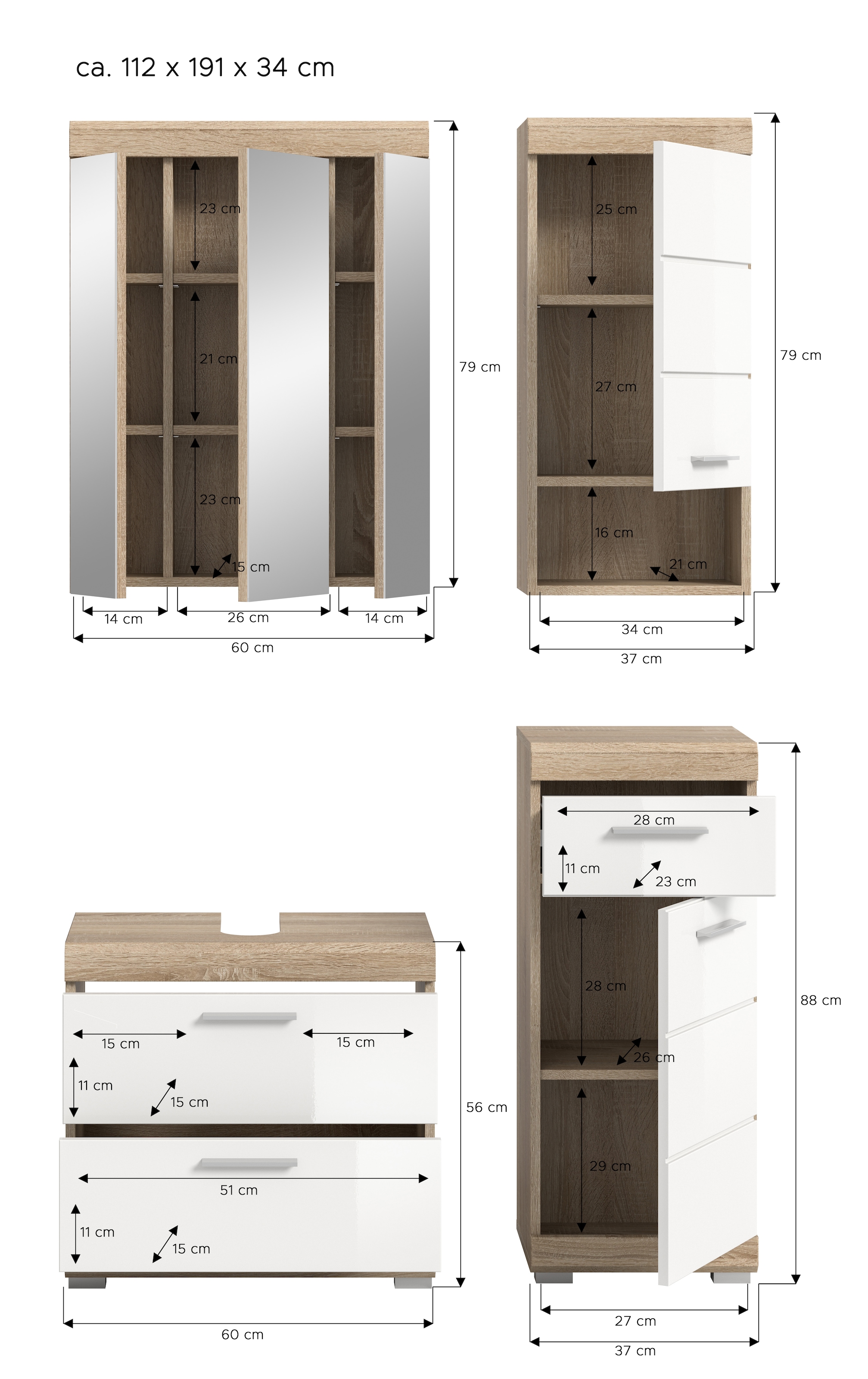 INOSIGN Badmöbel-Set »Siena, 4 teilig, bestehend aus:«, (Set, 4 St., TOPSELLER!), Waschbeckenunterschrank, Spiegelschrank, Unterschrank, Hängeschrank