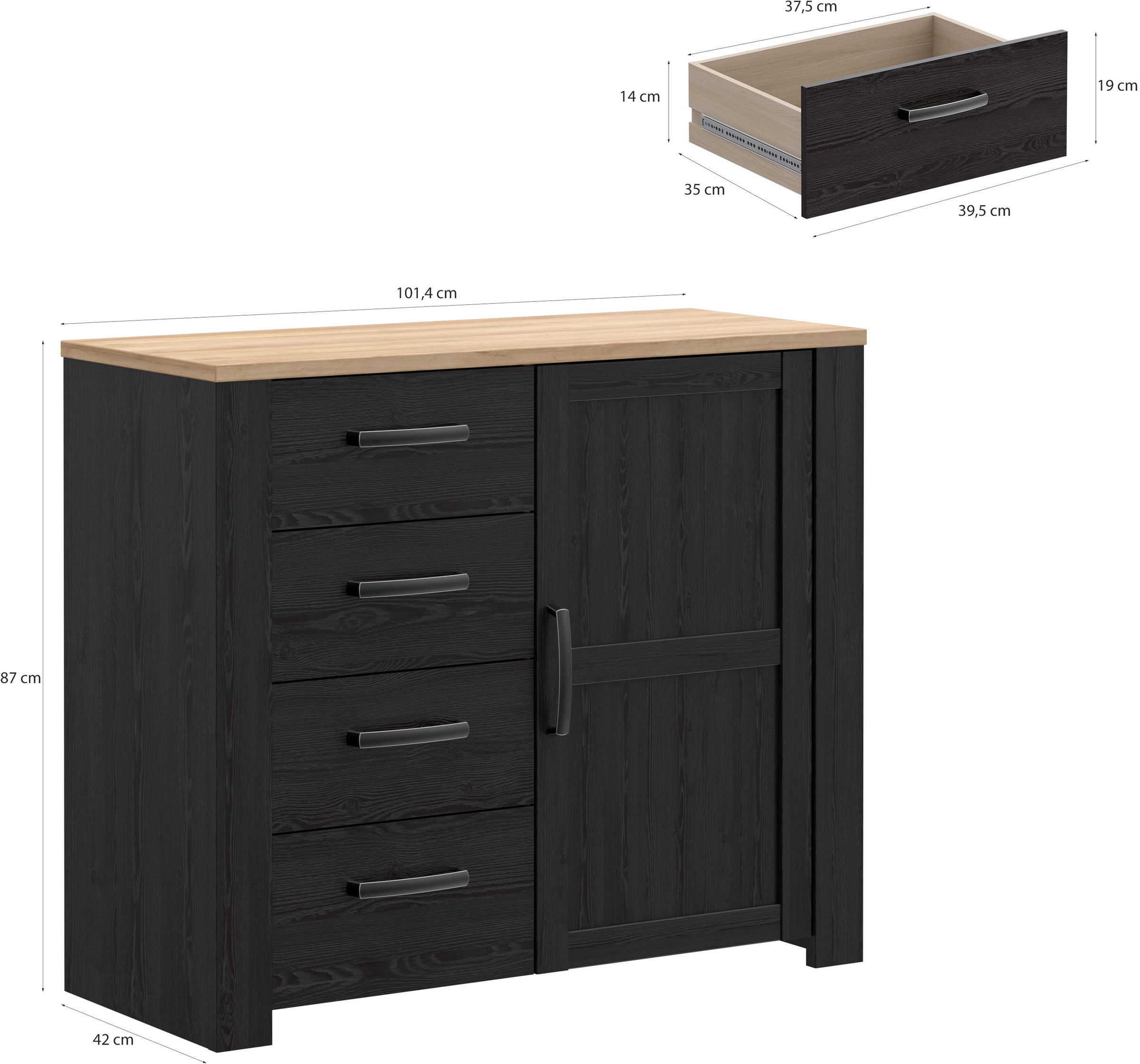 FORTE Kommode B/H/T 101,4/87/42 cm, Soft Close, 4 Schubkästen