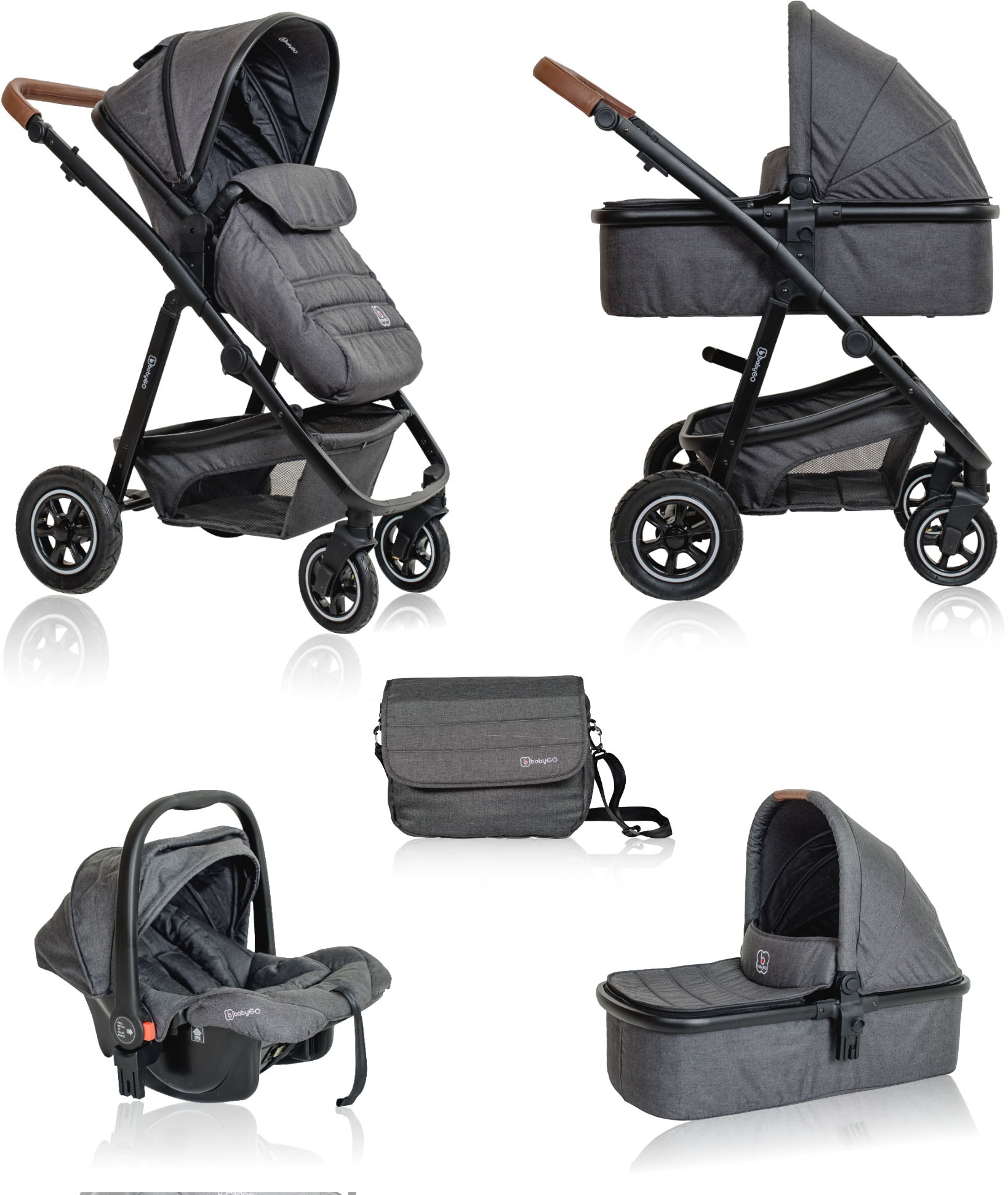 BabyGo Kombi-Kinderwagen »Simplex AIR 3in1, Grey melange«, 15 kg, inkl. Babywanne + Matratze, Sportaufsatz, Babyschale & Wickeltasche