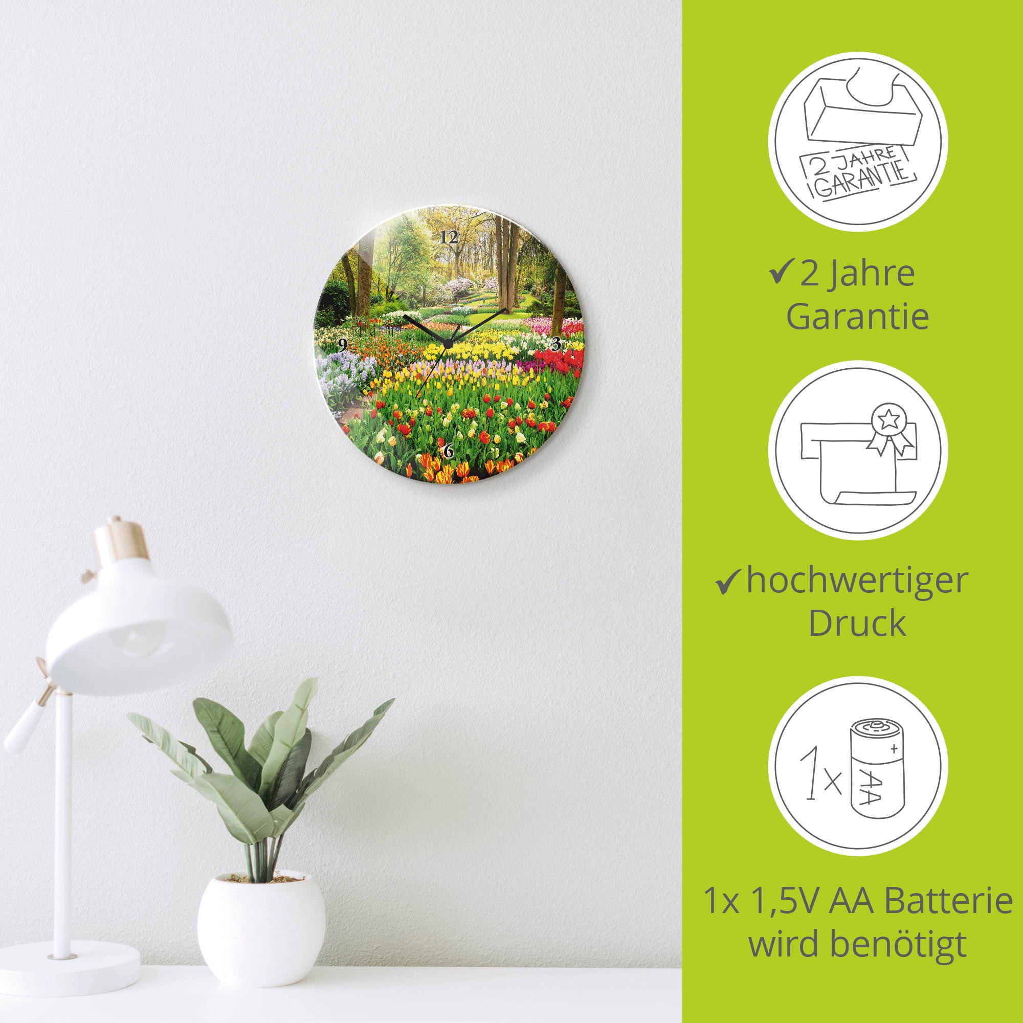 Artland Wanduhr »Glasuhr rund Tulpen Garten Frühling« wahlweise mit Quarz- oder Funkuhrwerk, lautlos ohne Tickgeräusche