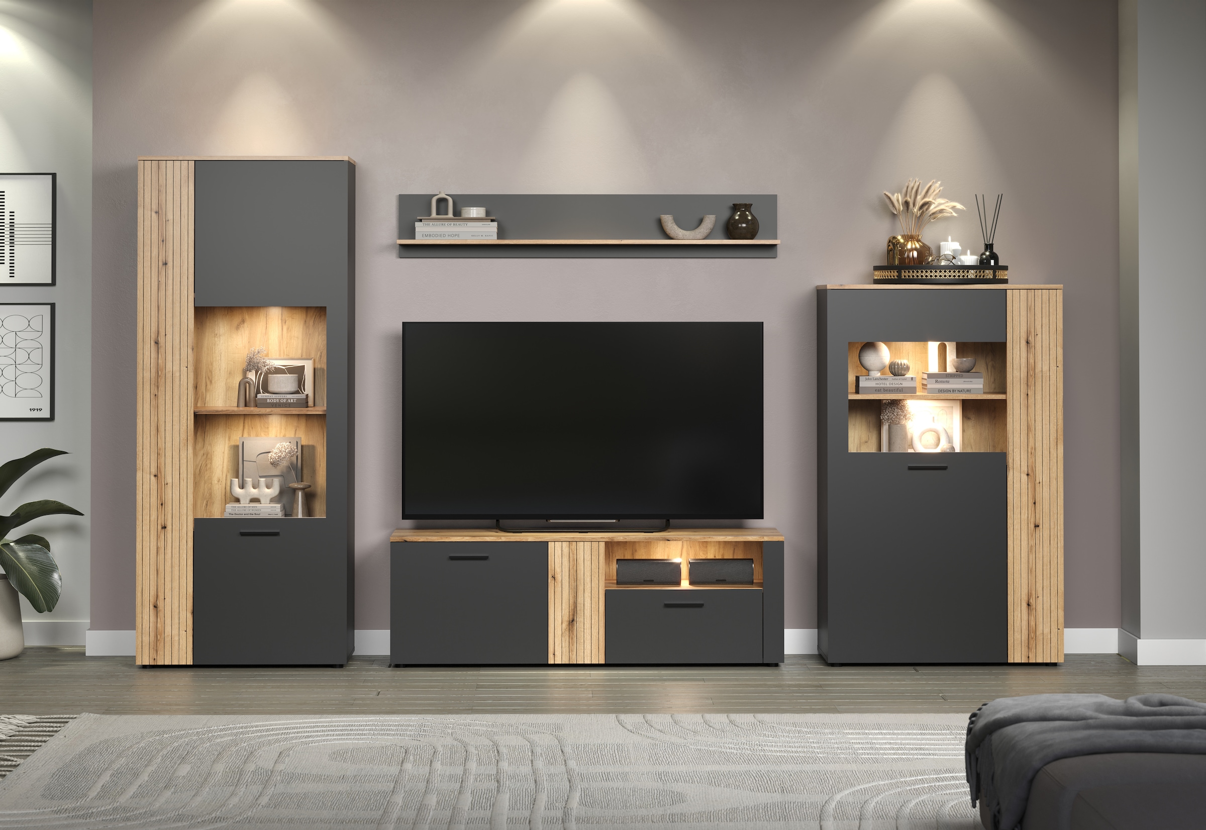 INOSIGN Wohnwand »Estepona«, (Komplett-Set, 4 St.), Wohnzimmermöbel mit Rillenoptik - (B/T/H): 340/42/195 cm