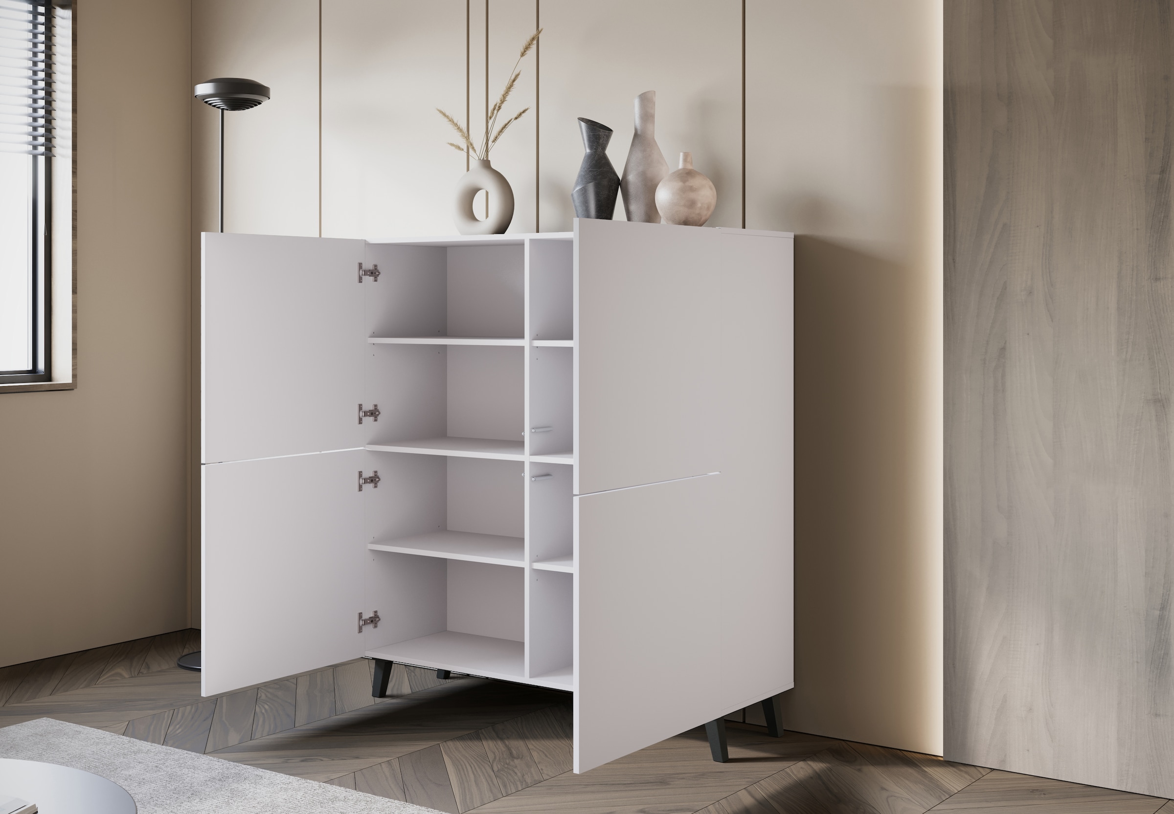 Home affaire Highboard »HIGHBOARD PHUKET II, Stilvolle, grifflose Hochkommode, Breite 120cm« Mit 4 Türen und 8 Fächern und höhenverstellbaren Einlegeböden