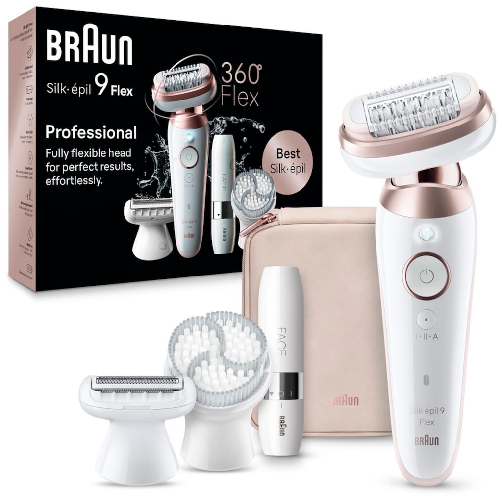 Braun Epilierer »Silk-épil Flex 9 9-360«, mit Rasier-, Trimmer- & Peelingaufsatz, Mini-Rasierer für das Gesicht