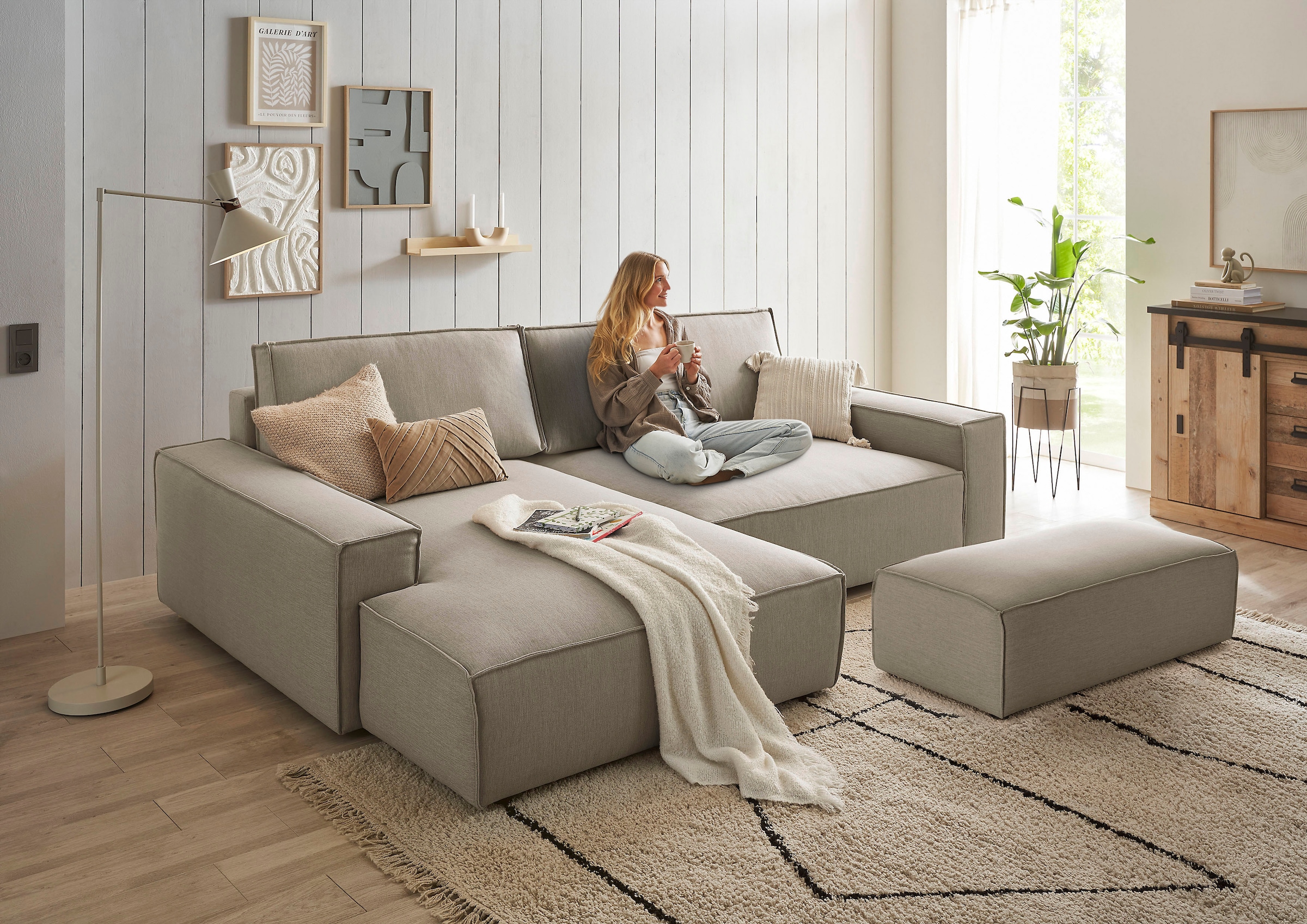 Home affaire Polsterecke »NEU: SHERWOOD XXL tief, L-Form mit Schlaffunktion, Big-Sofa mit Hocker«, (Set, 2 St.), stellbar zum Schlafsofa (Krokodilverbinder), Cord, Leinenoptik