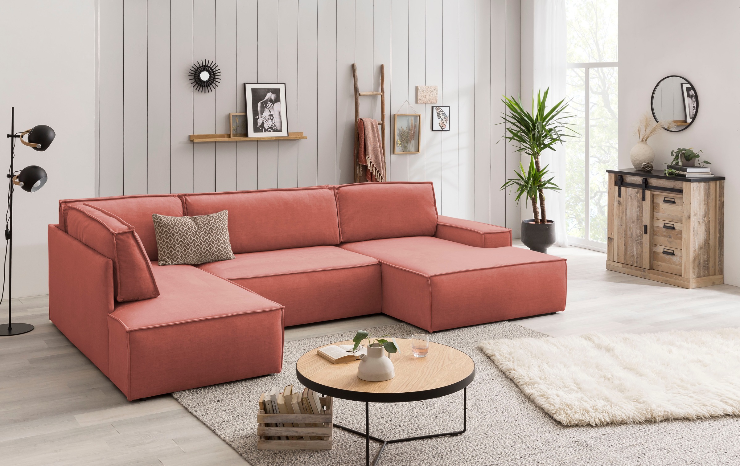 Home affaire Wohnlandschaft »SHERWOOD 329 cm, U-Form, Schlafsofa,«, Schlaffunktion m. Bettkasten (194x139 cm), Cord, Vintage, Samtvelours