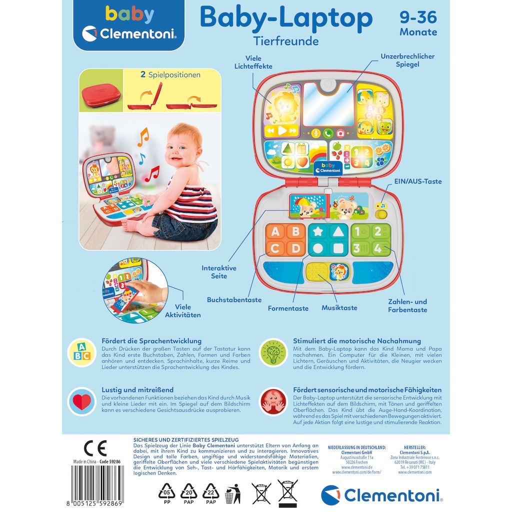 Clementoni® Kindercomputer »Baby Clementoni, Baby-Laptop Tierfreunde«, mit Licht- und Soundeffekten