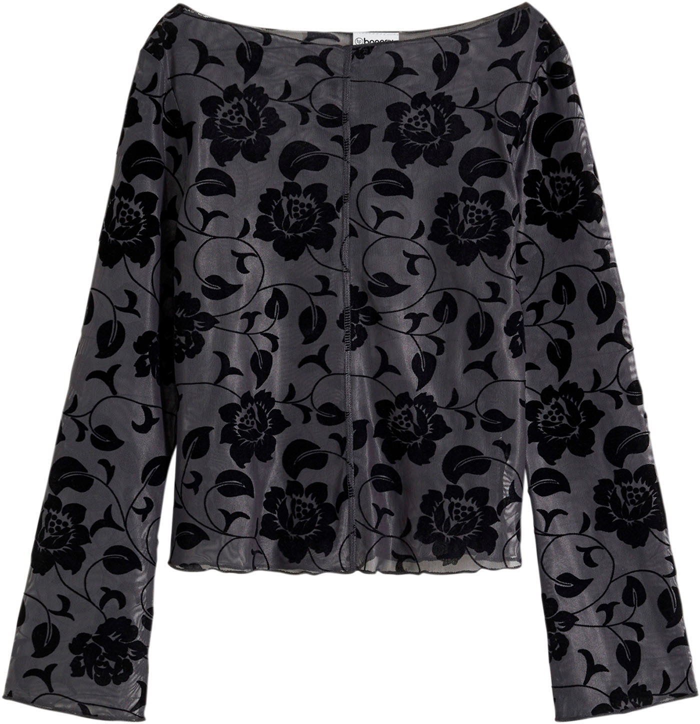 bonprix Langarmshirt »Langarmshirt mit leichter Transparenz« eng anliegende Passform, mit leichter Transparenz, mit Flock-Print