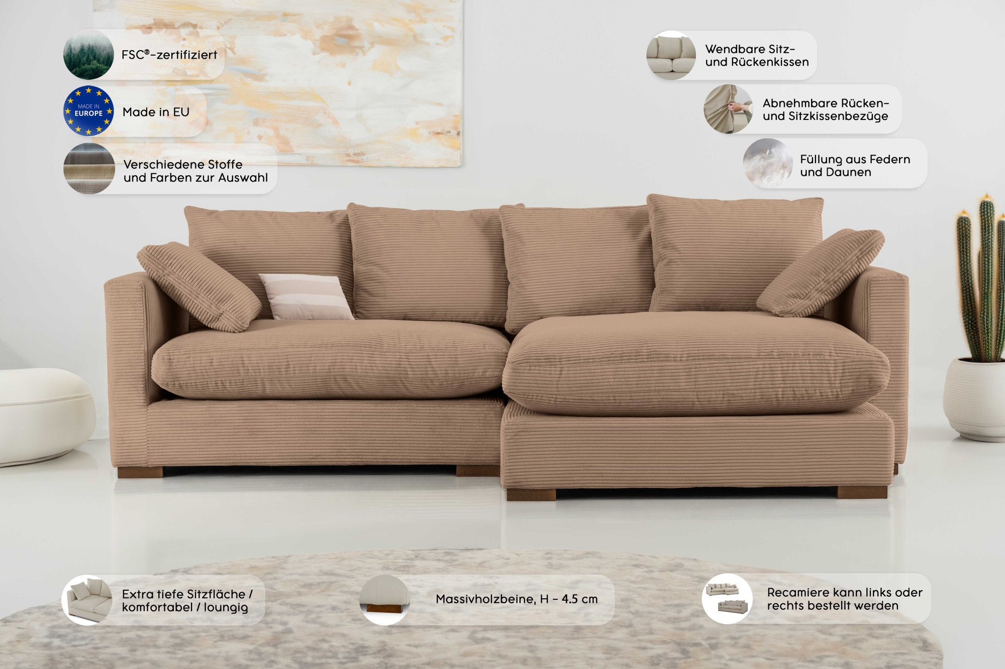 Home affaire Ecksofa »Coray«, Breite 266 cm, extra weich und kuschelig, mit Federn und Daunen