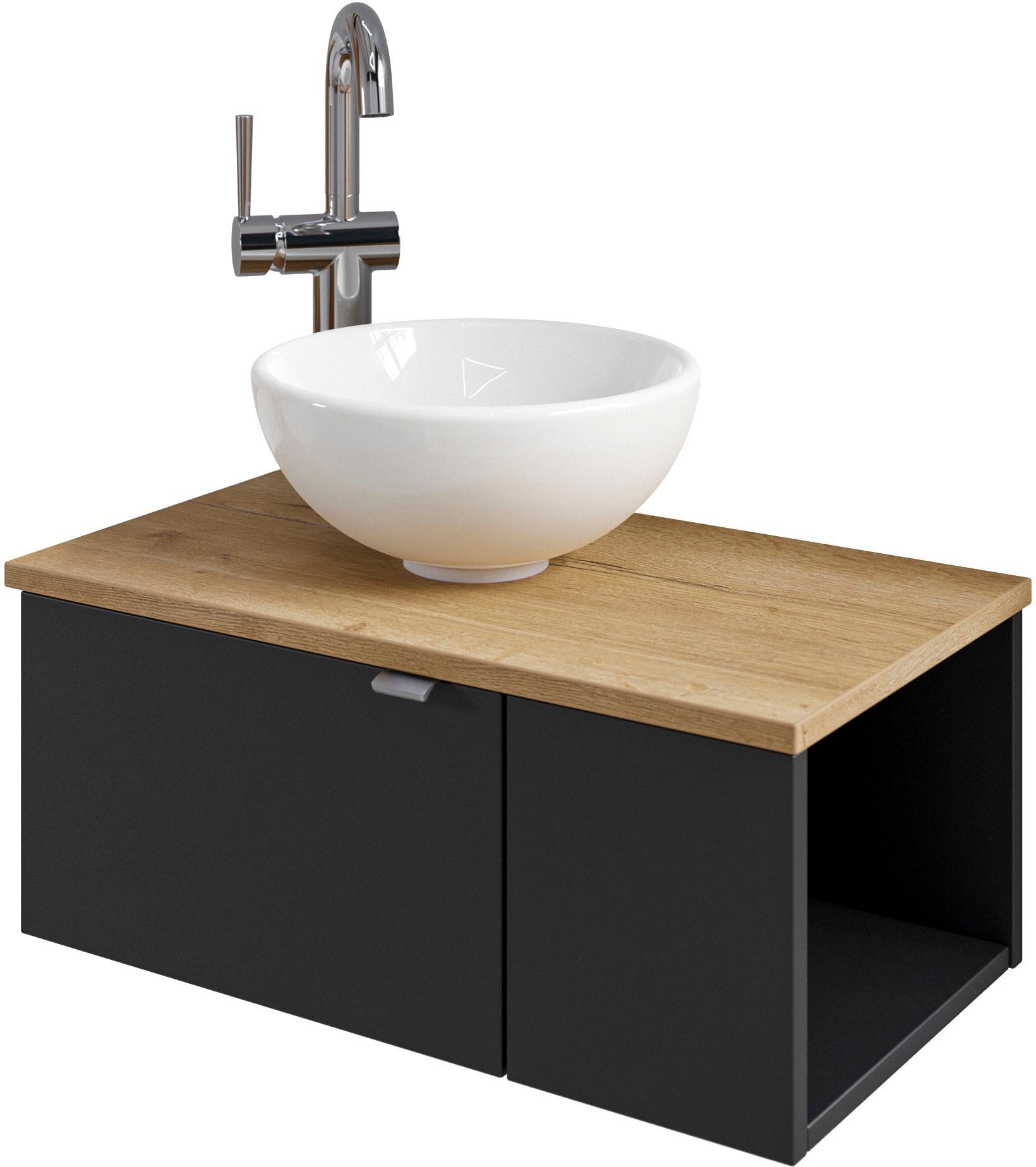 Saphir Waschtisch "Serie 6915 Waschschale mit Unterschrank für Gästebad, Gäste WC" Keramik-Aufsatzbecken, Waschtischplatte, Waschtischunterschrank, 3 Stk. tlg. 61 cm breit, 2 Türen, offenes Fach, kleine Bäder, ohne Armatur