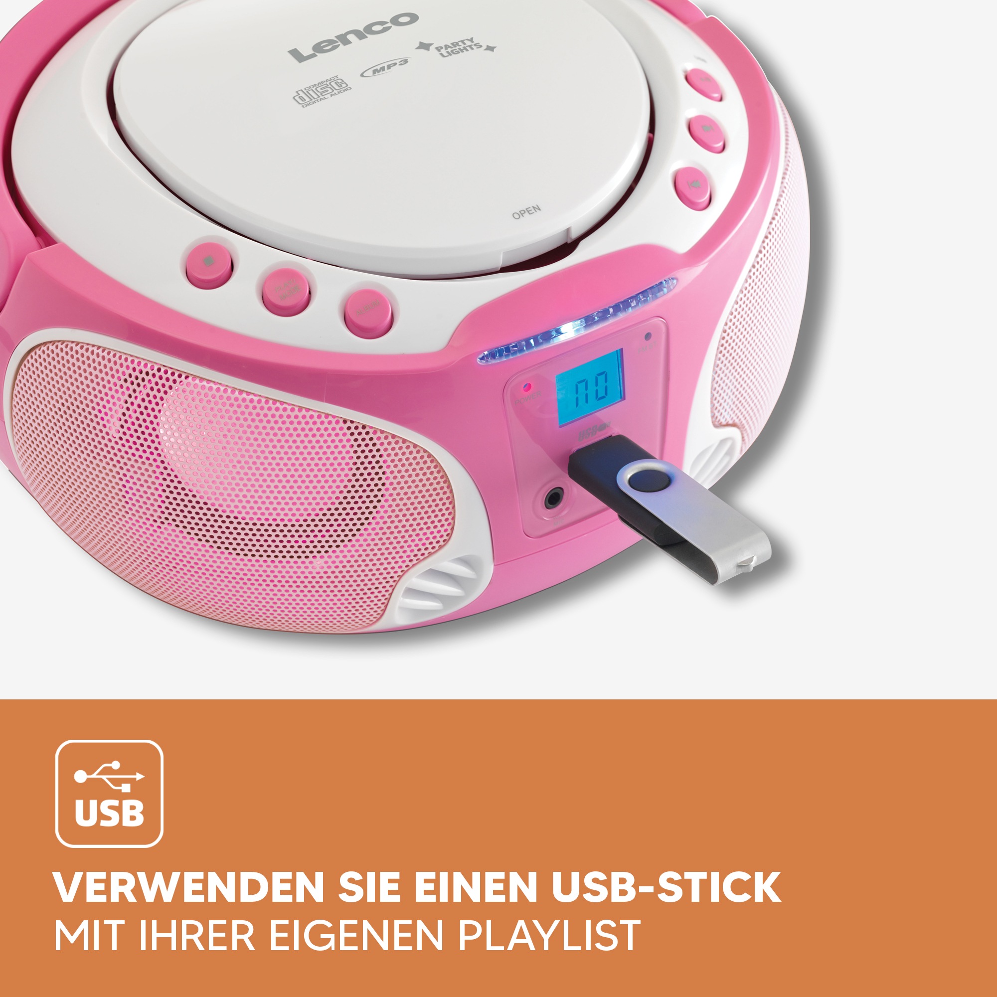 Lenco Boombox »SCD-650« ( AM-Tuner | FM-Tuner ) speziell für Kinder, USB-Anschluss, Karaoke-Mikrofon und Lichteffekte
