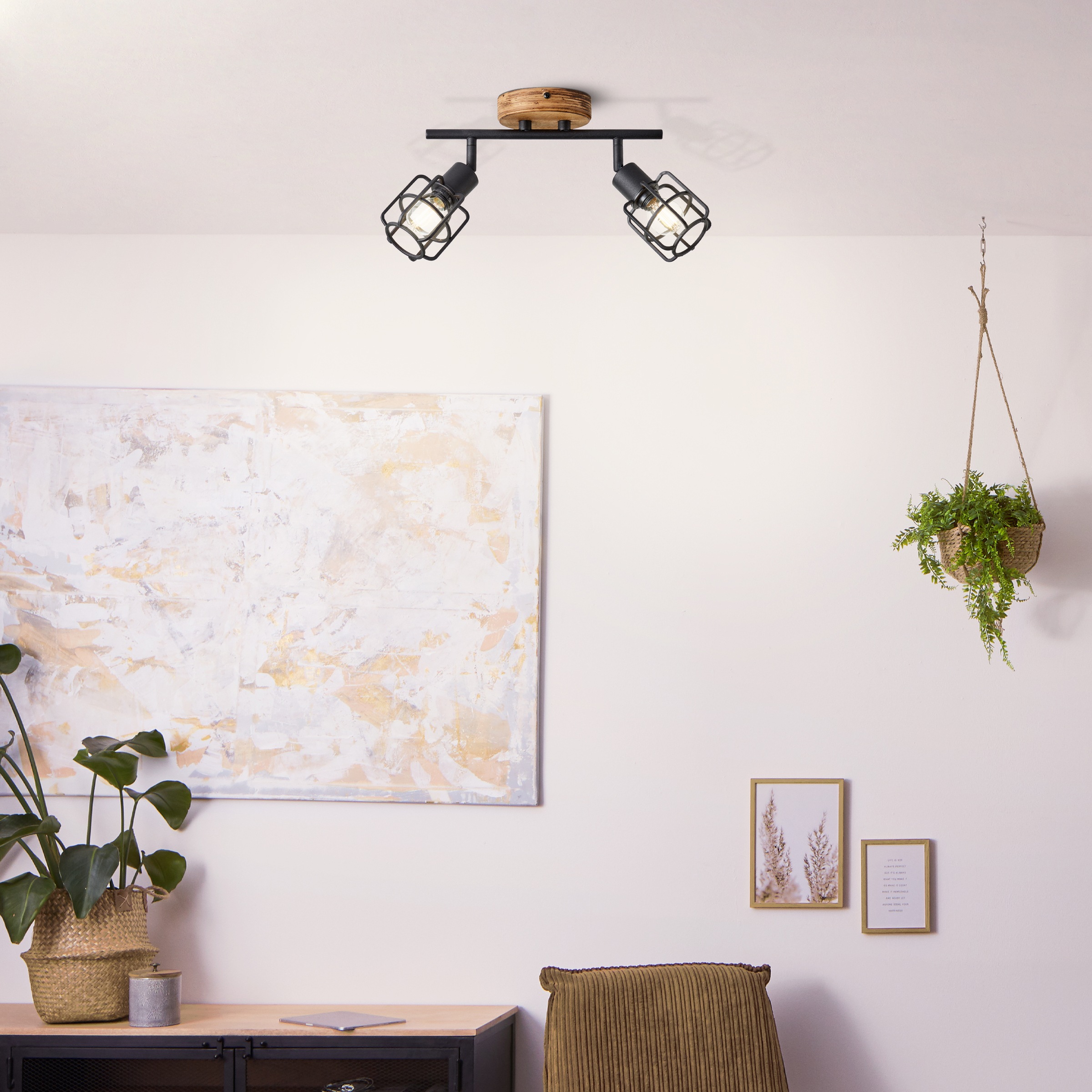 Brilliant Deckenstrahler »Gwen«, 2 flammig, Leuchtmittel E14 | ohne Leuchtmittel, B 33 cm, 2 x E14, schwenkbar, Metall/Holz, antik/schwarz korund