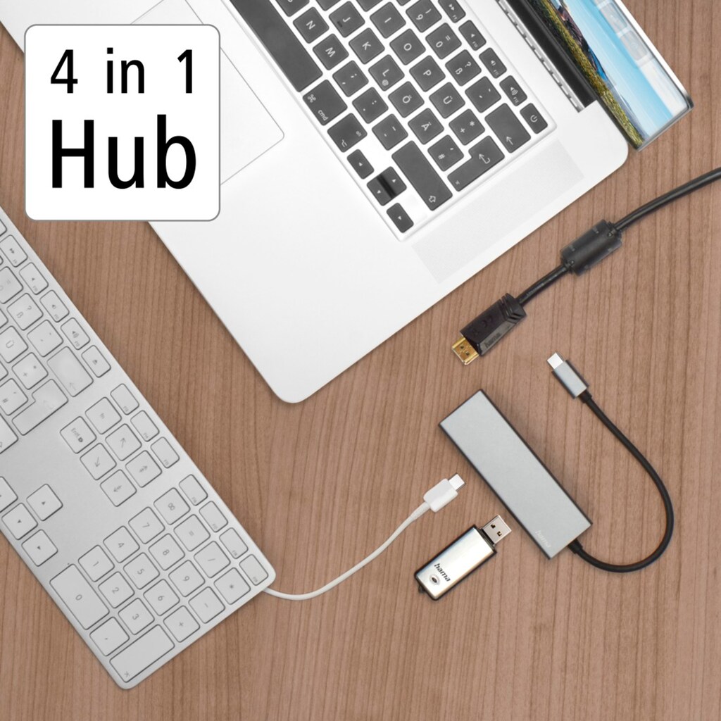 Hama USB-Adapter »USB-C Multiport Hub für Laptop mit 4 Ports, USB-A, USB-C, HDMI«, USB-C zu USB Typ A-USB-C-HDMI, 15 cm, Laptop Dockingstation, kompakt, robustes Gehäuse, silberfarben