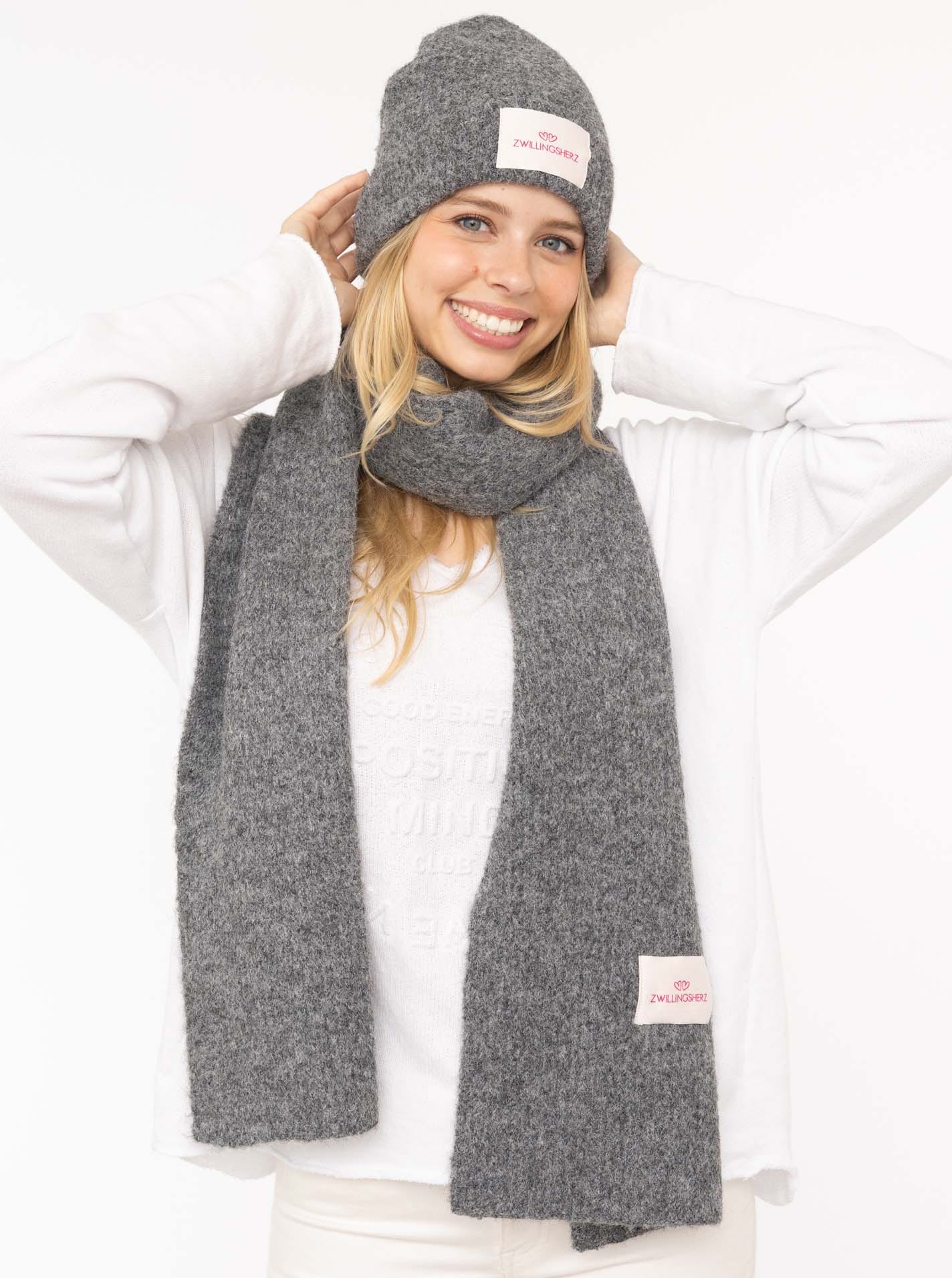 Zwillingsherz, Damen, Strickmütze »" Patch"« gerippt, mit Wolle und Umschlag, mit Patch, Anthrazit, Anthrazit, Damenmütze von Zwillingsherz