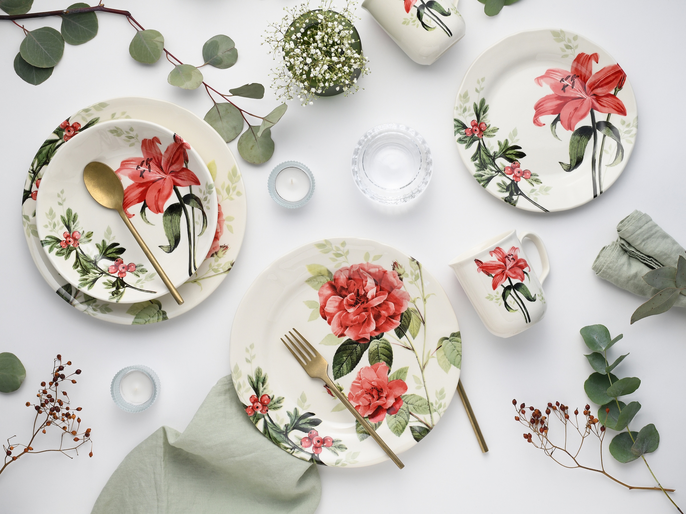 CreaTable Kombiservice »Geschirr-Set Rosemary«, (Set, 16 tlg., Kaffeeservice und Tafelservice im Set, für 4 Personen), Service, Rosen/Blumendekor, 16 Teile, für 4 Personen