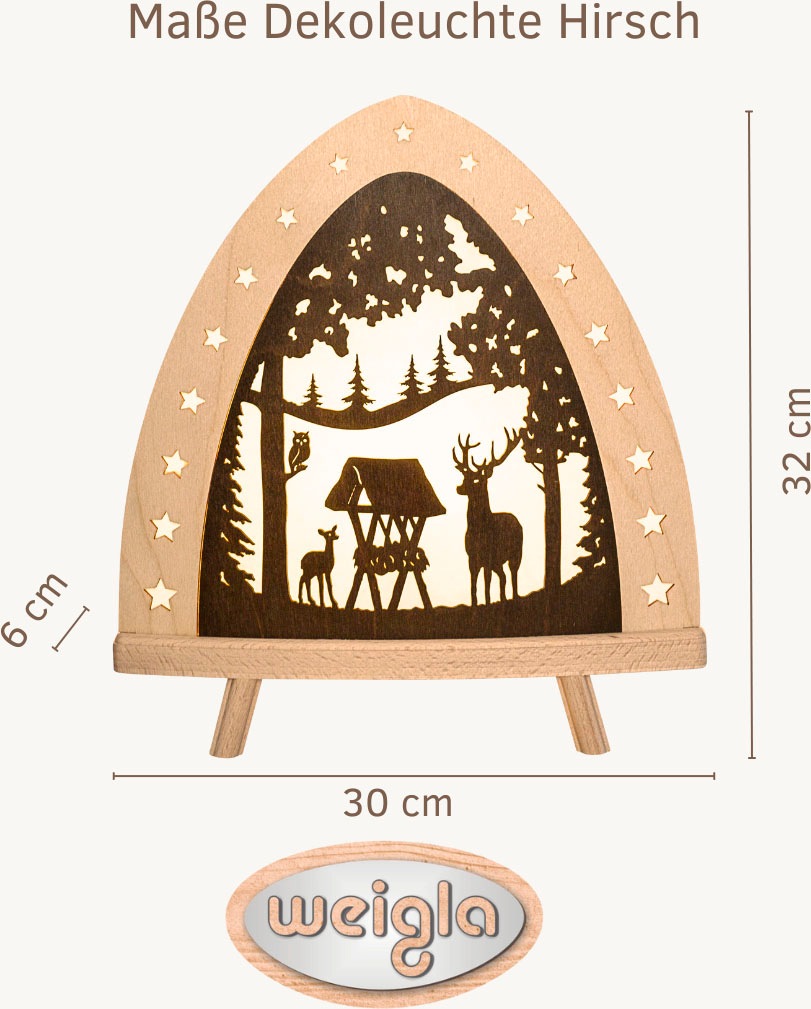 Weigla Lichterbogen »LED Hirsch, Holz Dekolampe, Winterdeko, NATUR-BRAUN, Made in Germany« 1 Stk. Erzgebirge garantiert, Weihnachtsdeko Innen, Weihnachtsbeleuchtung