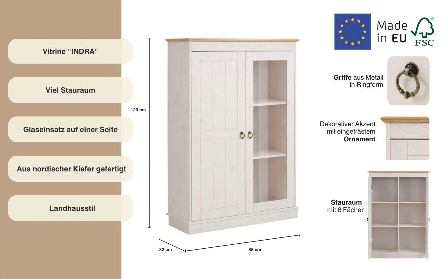 Home affaire Highboard »Indra«, Vitrine, Breite 85 cm, aus massiver Kiefer